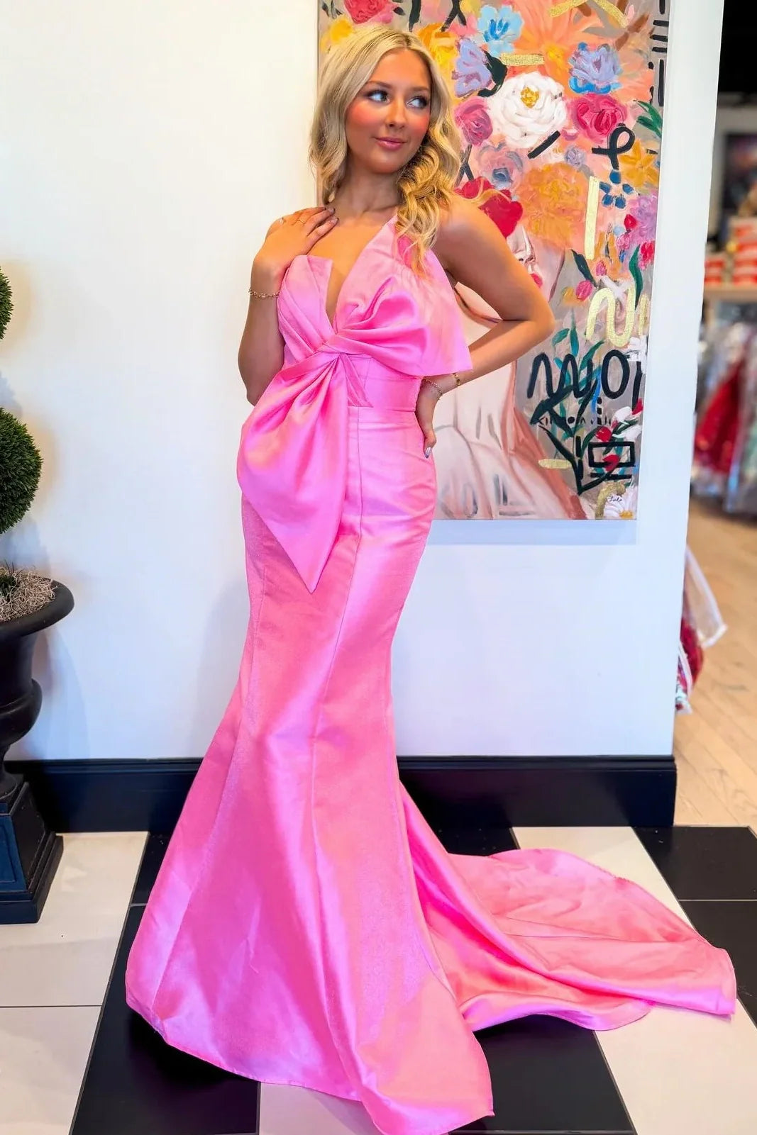 Hot Pink Strapless Mermaid Dress with Statement Bow Detail
