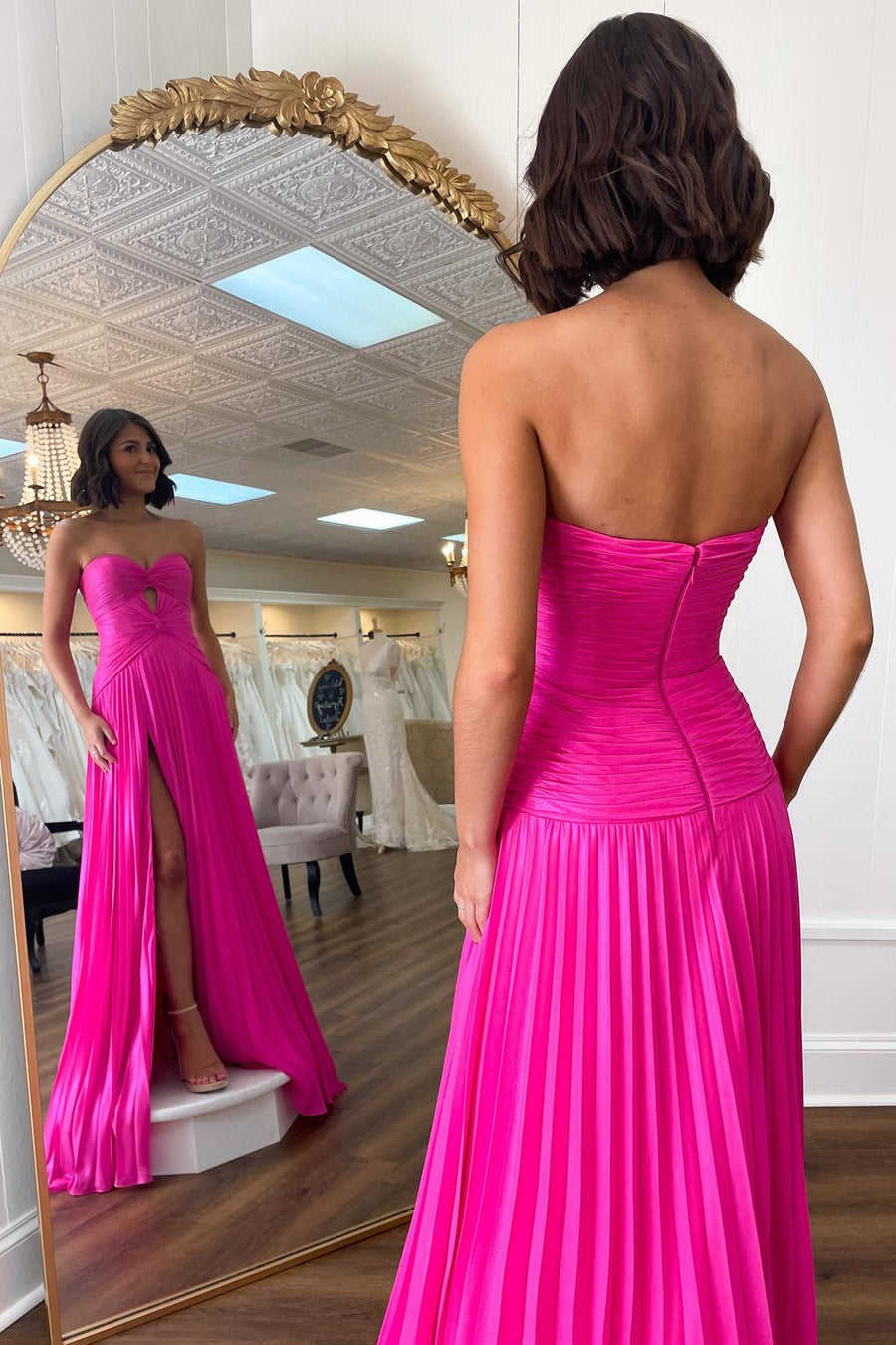 Hot Pink Strapless Pleated High Slit Prom Dress