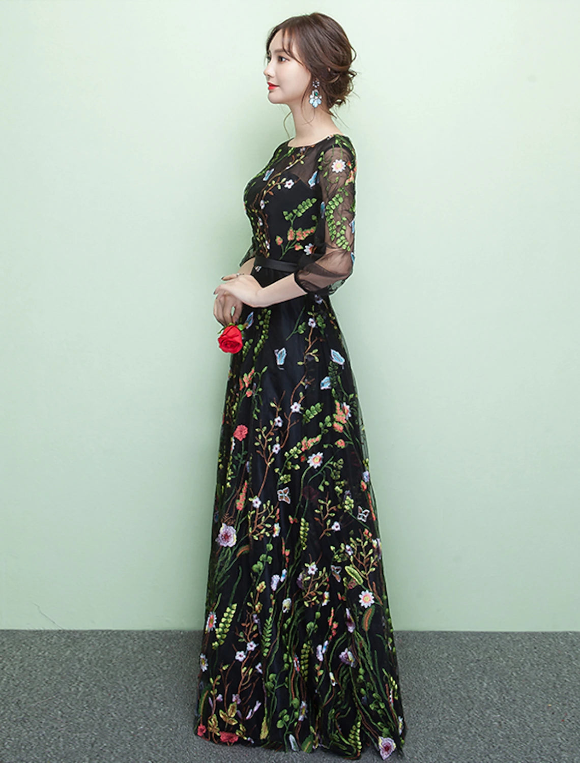 A-Linie Elegantes Sparkle &amp; Shine Formales Abendkleid Rundhalsausschnitt 3/4-Ärmel Bodenlang Spitze mit Stickerei