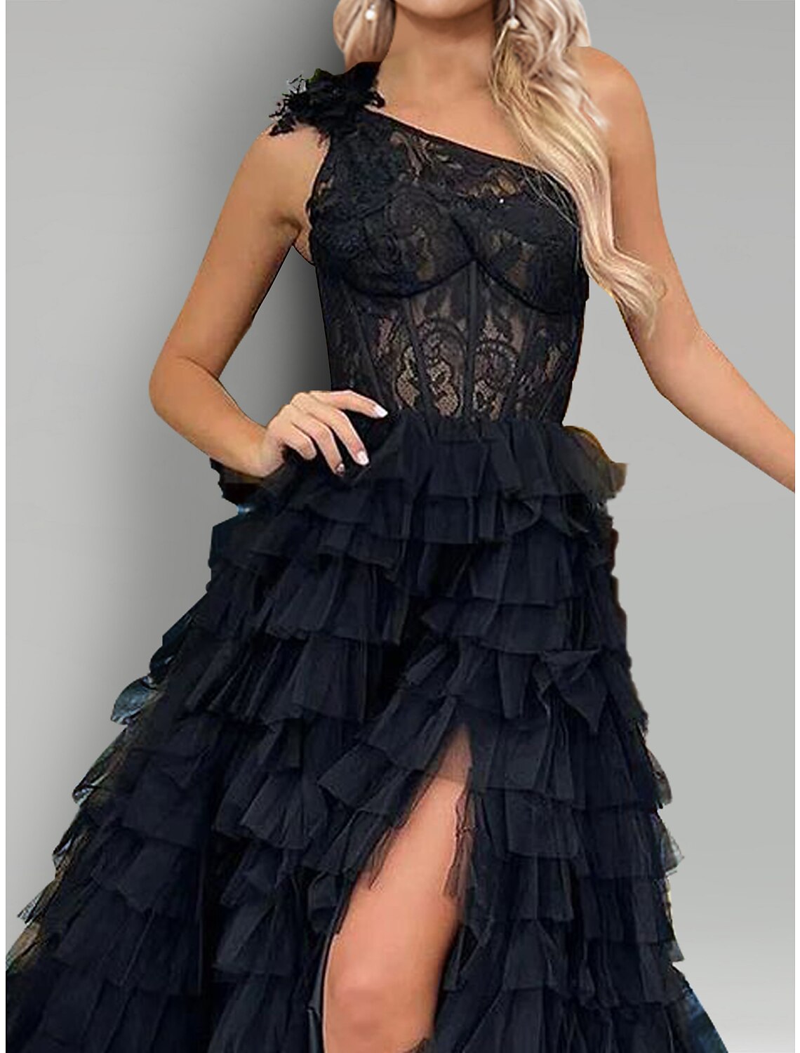 Robe de soirée trapèze à fleurs, robe de soirée de mariage, semi-formelle, traîne à balayage/pinceau, sans manches, une épaule, dentelle avec applications fendues