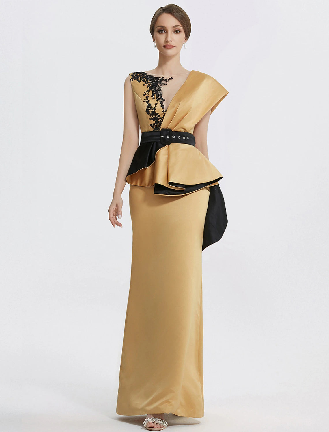 Etuikleid/Säulen-Abendkleid, elegantes Kleid, formell, bodenlang, ärmellos, Rundhalsausschnitt, Satin mit Stickerei-Applikationen