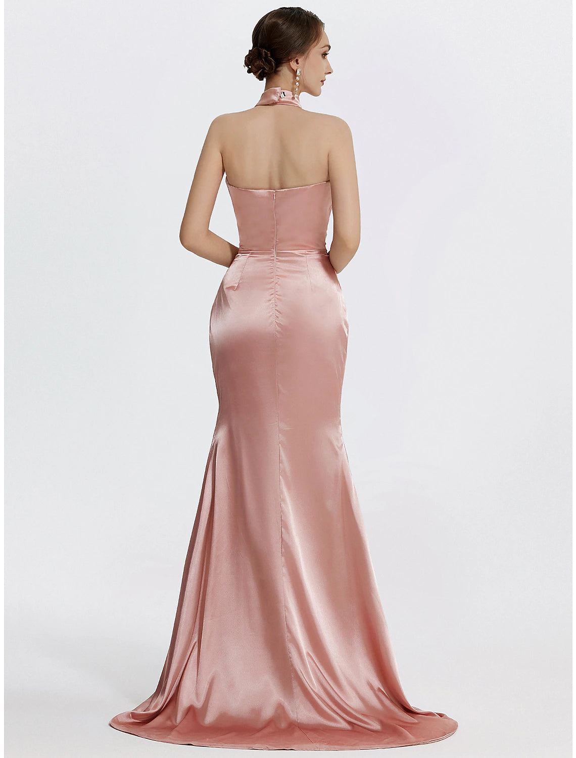 Meerjungfrau/Trompete Ballkleider High Waisted Kleid Abend Party Black Tie Bodenlang Ärmellos Neckholder Satin mit Rüschen