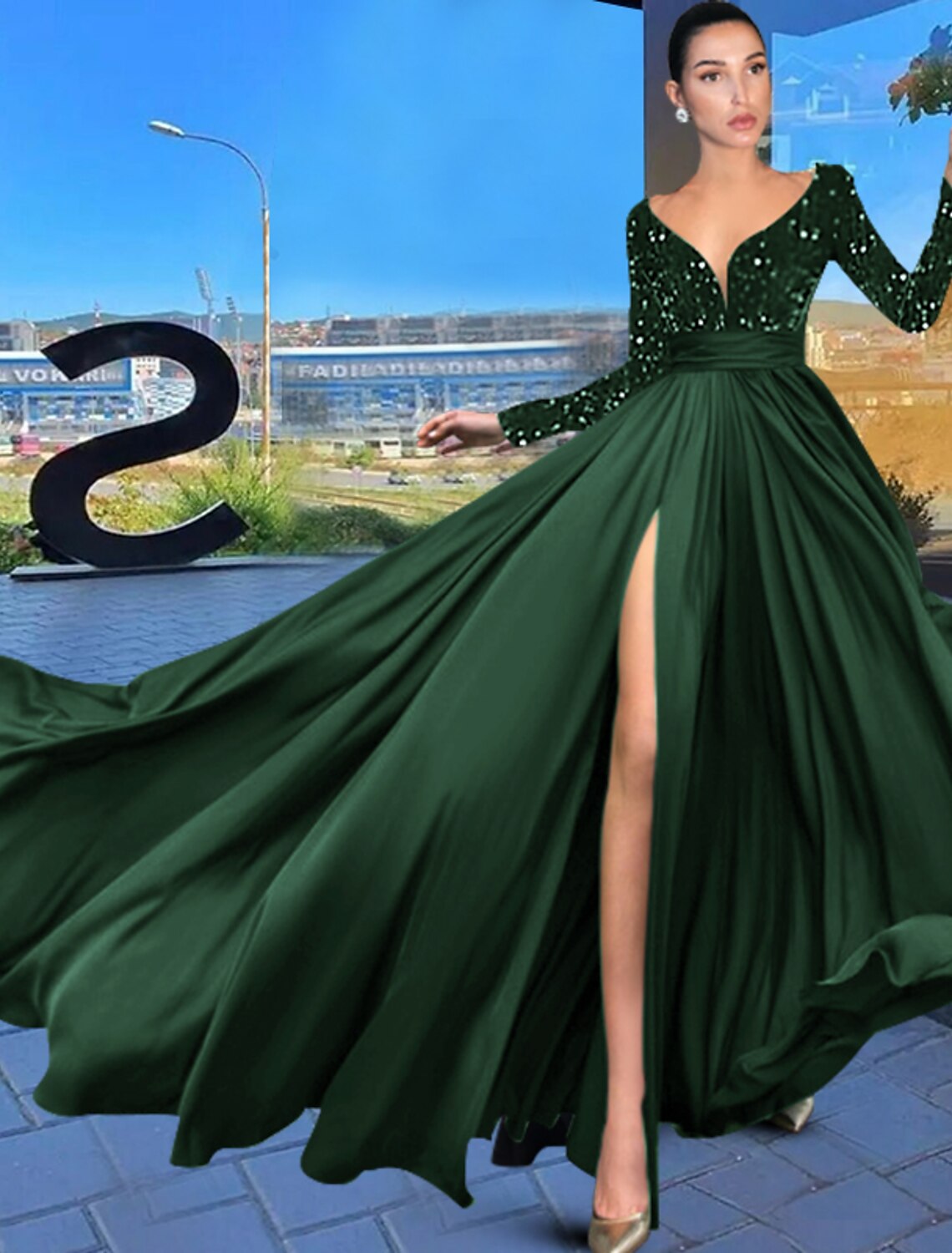 A-Line Evening Gown Sparkle & Shine Dress Wedding Guest Prom Court Train Long Sleeve V Neck Chiffon with Sequin Slit