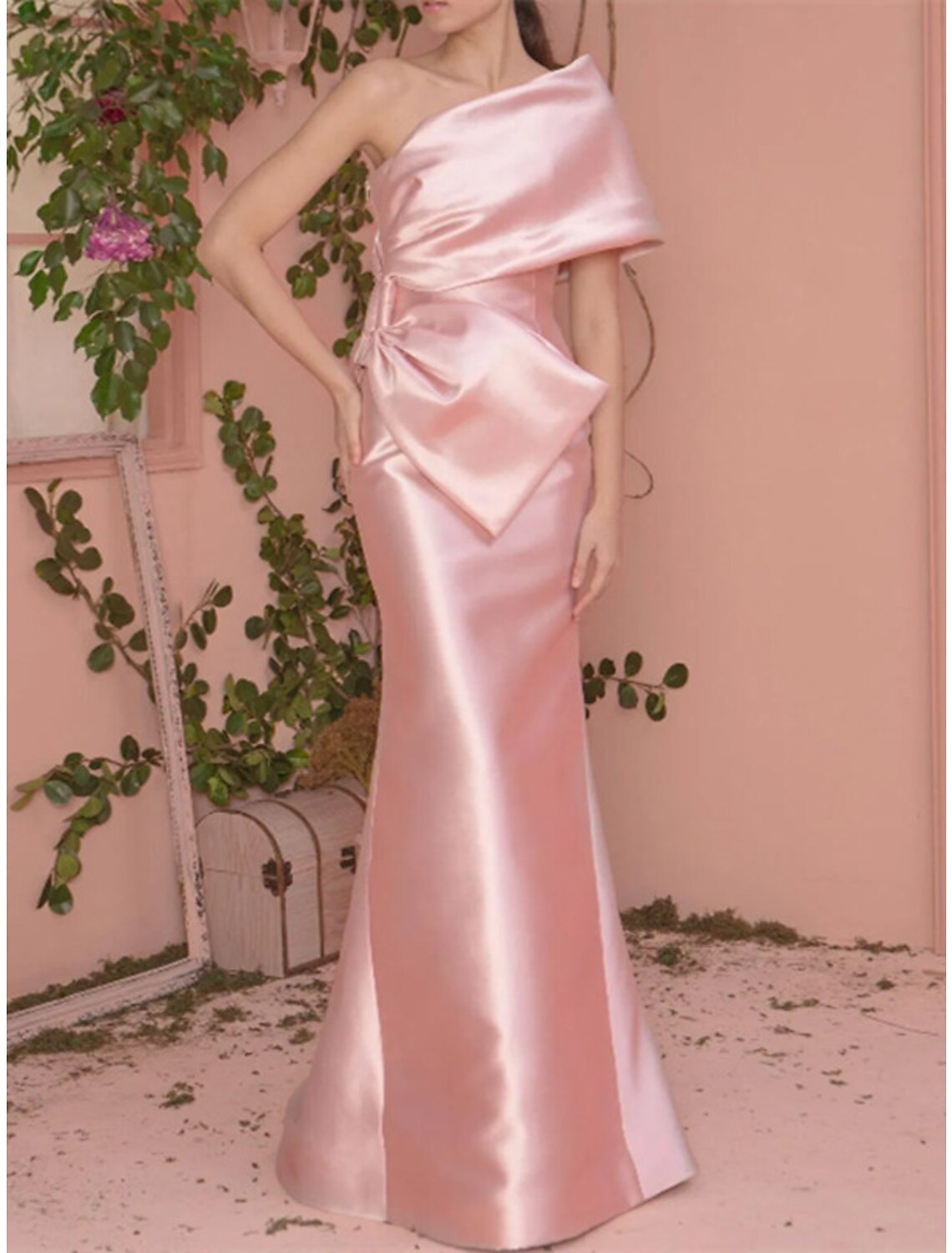 Meerjungfrau/Trompete Ballkleider Elegantes Kleid Verlobungskleid Formeller Abend Bodenlang Kurzarm Ein-Schulter Satin mit Schleife(n)