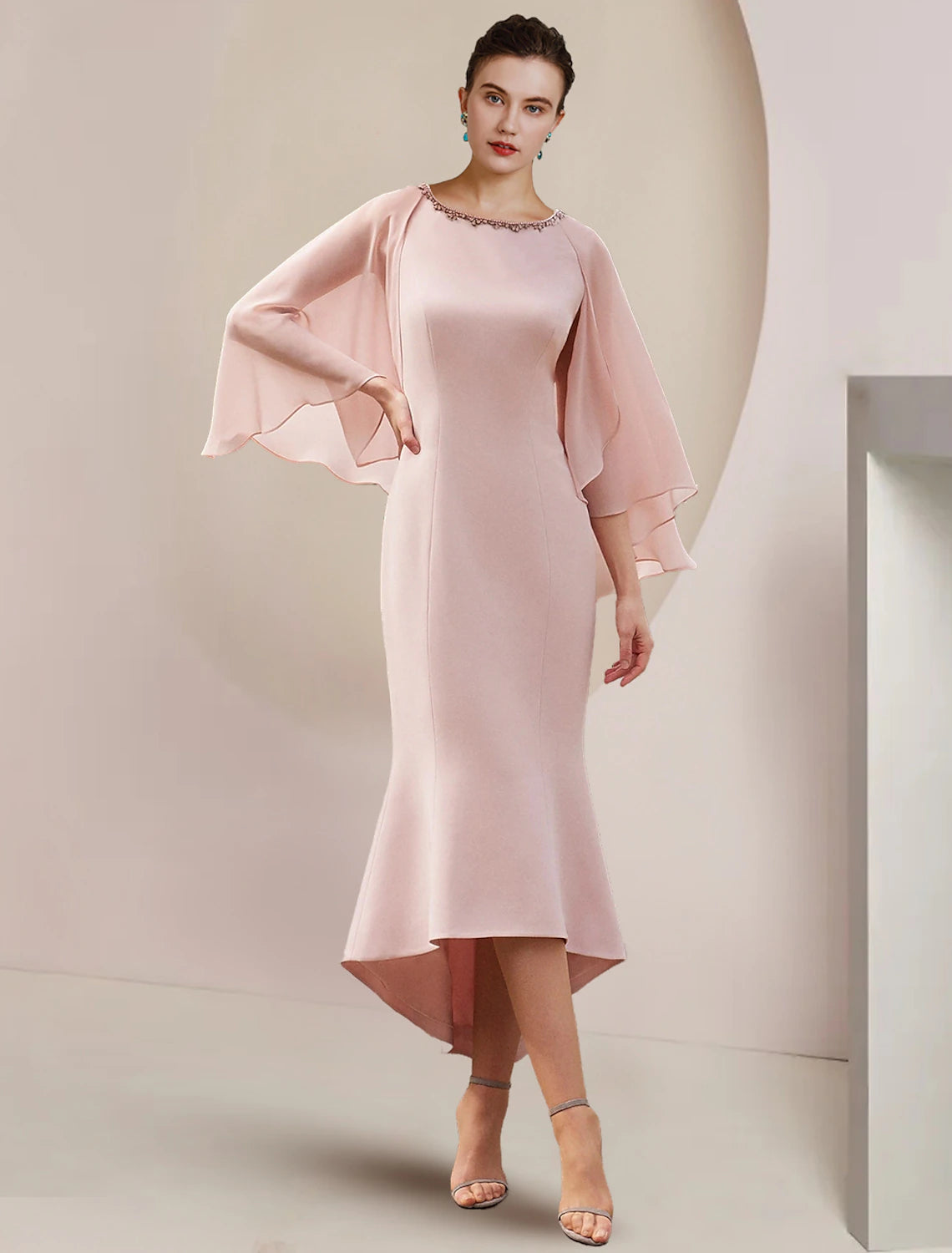 Meerjungfrau/Trompete Kleid für die Mutter der Braut, formeller Hochzeitsgast, elegant, Vintage, Party, Rundhalsausschnitt, asymmetrisch, teelang, Chiffon, ärmellos, mit Perlen