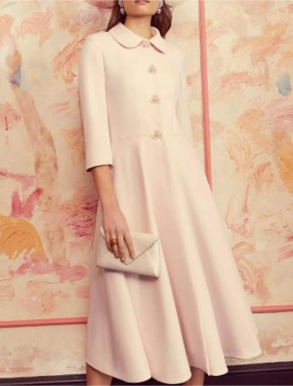 A-Line Mother of the Bride Dress Formal Wedding Guest Elegant Shirt Collar Tea Length Chiffon Sequined Stretch Chiffon 3/4 Length Sleeve with Crystals