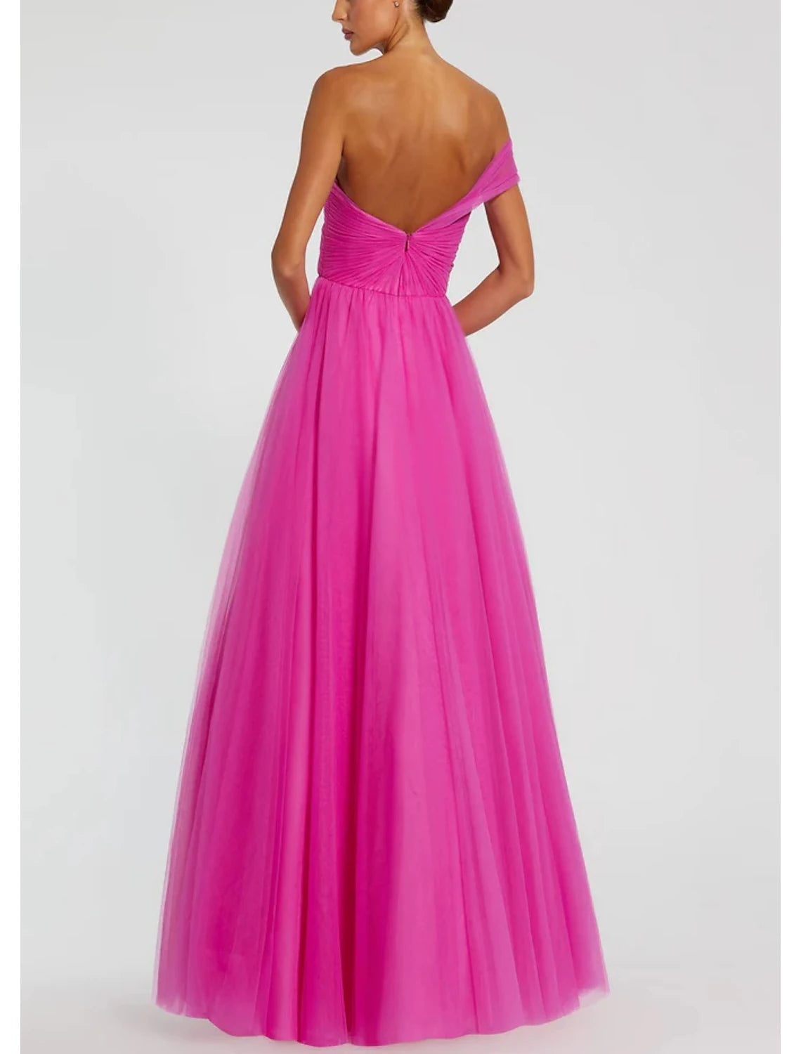 Robe de bal trapèze élégante, longueur au sol, sans manches, asymétrique, en tulle et froncé