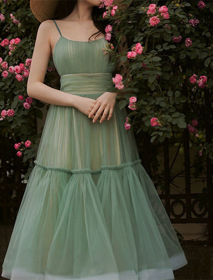 A-Linie Hochzeitsgastkleider Gestuftes Plisseekleid Urlaub Sommer Knöchellang Ärmellos Spaghettiträger Brautjungfernkleid Tüll mit Rüschen