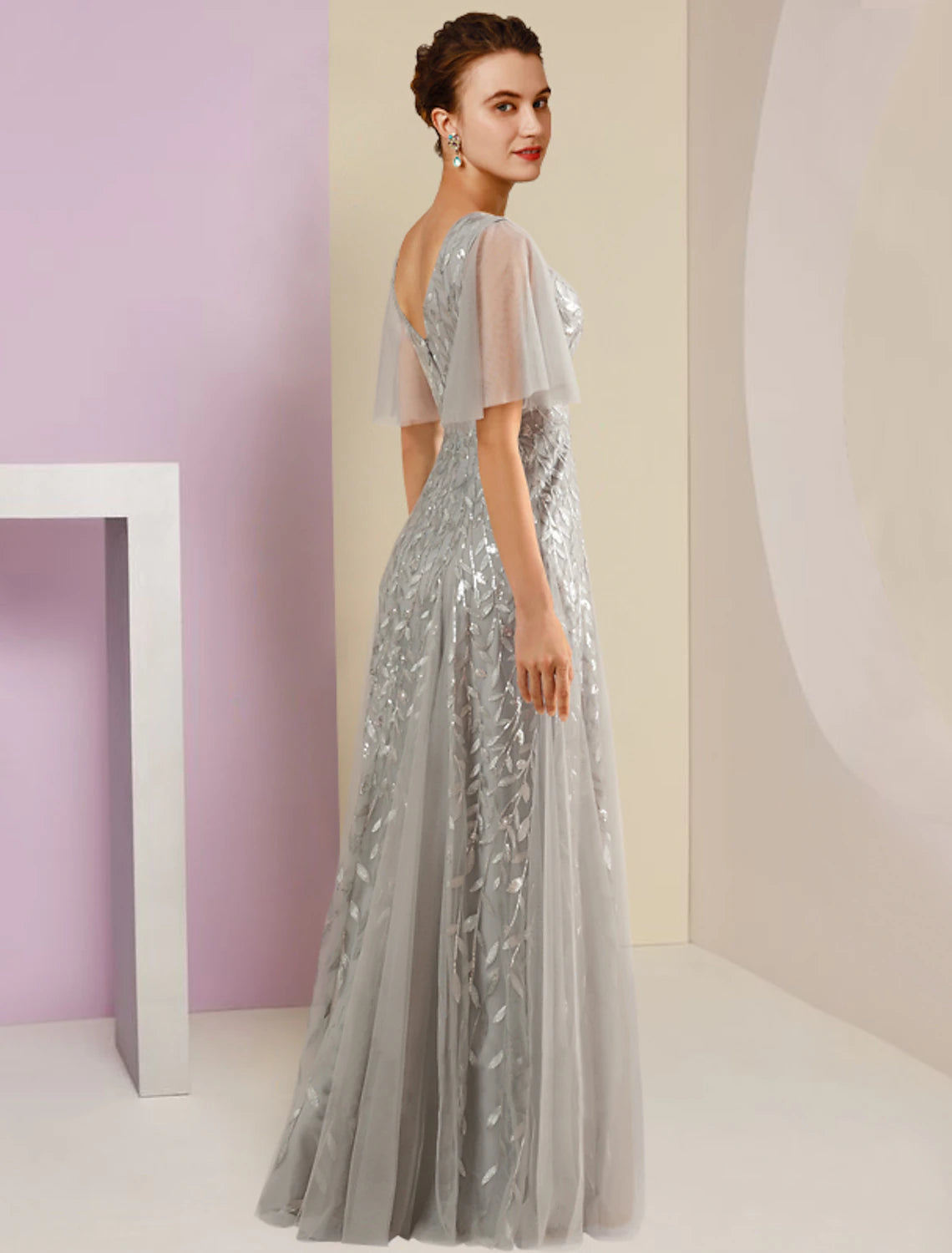 Etuikleid/Säulenkleid für die Brautmutter, Partykleid, Glitzer und Glanz, V-Ausschnitt, bodenlang, Spitze, Tüll, kurze Ärmel, mit Falten, Pailletten