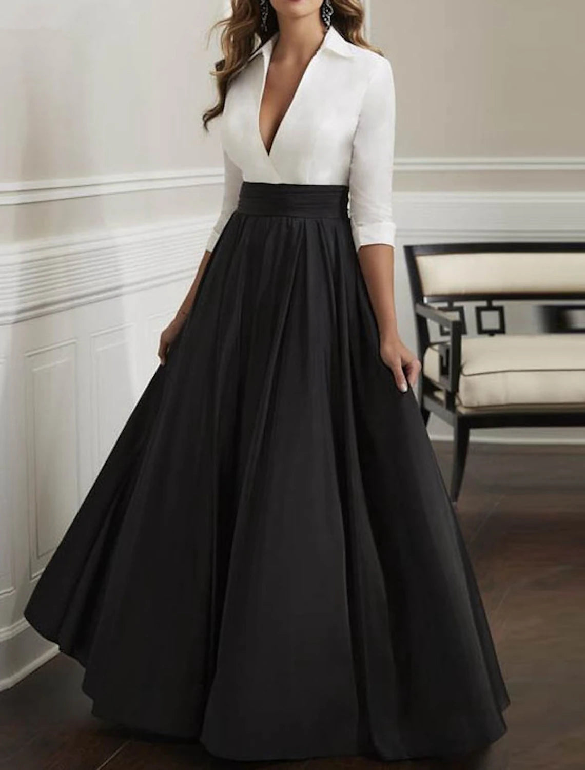 A-Linie Abendkleid Farbe Schwarz Kleid Übergröße Hochzeitsgast Abendparty Bodenlang 3/4 Ärmel Hemdkragen Italien Satin mit Aufdruck