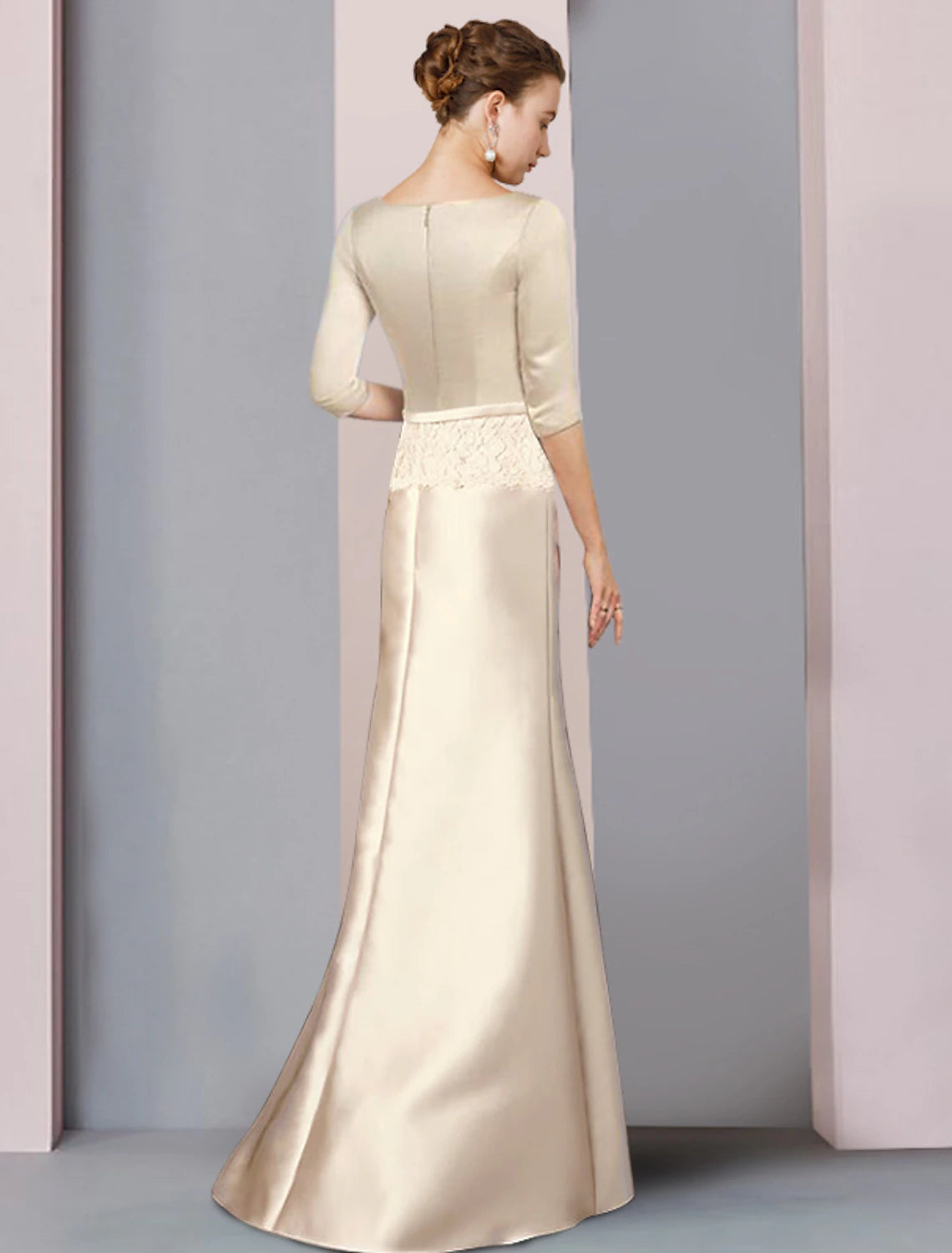 Etuikleid/Säulenkleid für die Brautmutter, Hochzeitsgast, Vintage, elegant, V-Ausschnitt, bodenlang, Satin, Spitze, 3/4-Ärmel, mit Schärpe/Schleife(n)