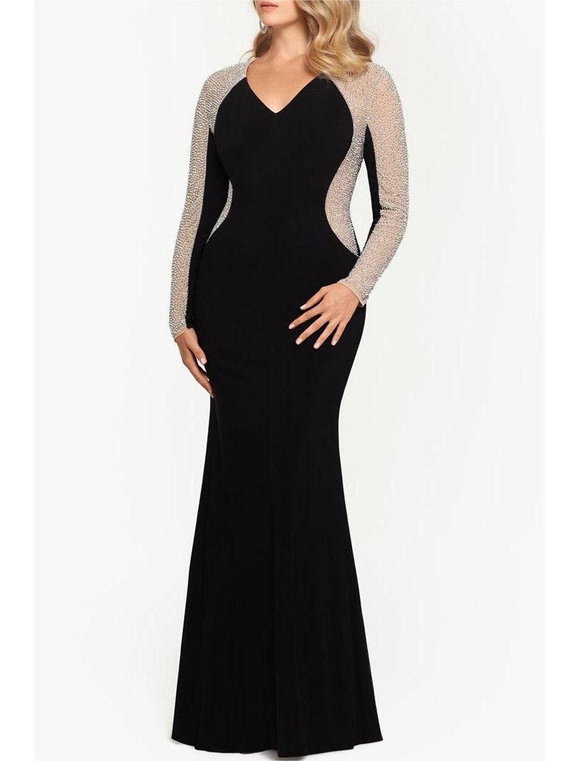 Robe sirène/trompette pour mère de la mariée, élégante, vintage, luxueuse, col en V, longueur au sol, en velours, manches longues, avec cristaux