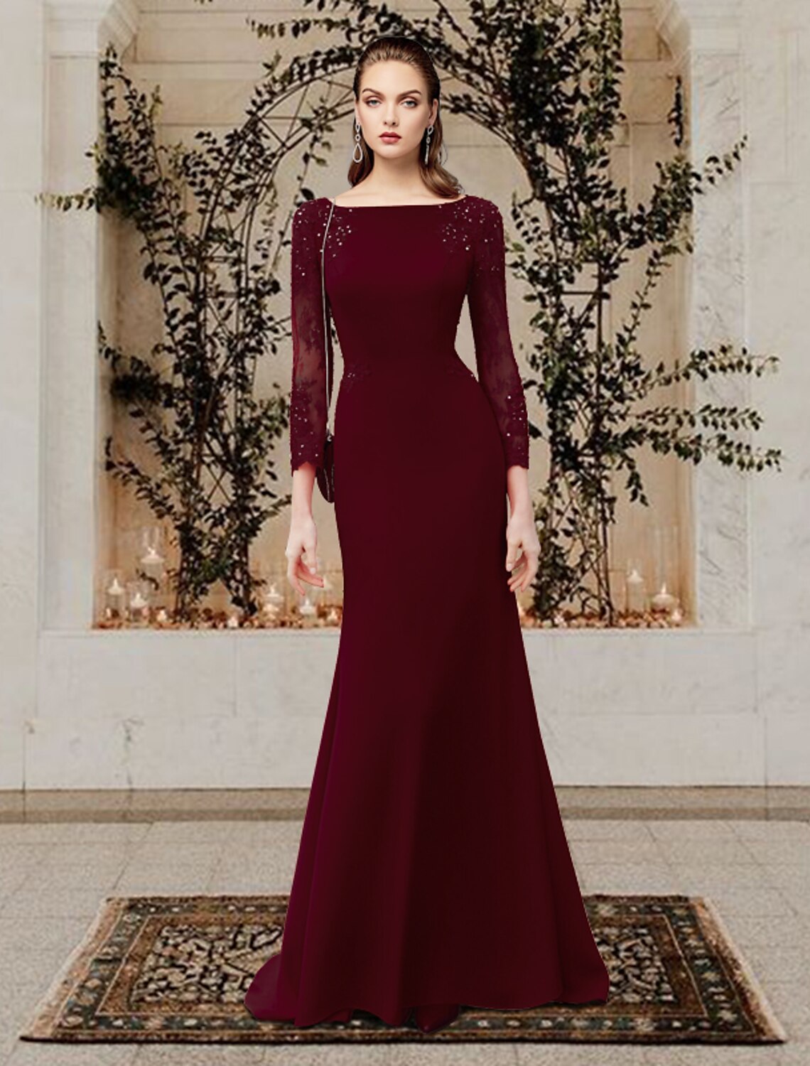 Meerjungfrau/Trompete Kleid für die Brautmutter, elegant, Rundhalsausschnitt, Schleppe, Chiffon, Spitze, Tüll, lange Ärmel mit Applikationen