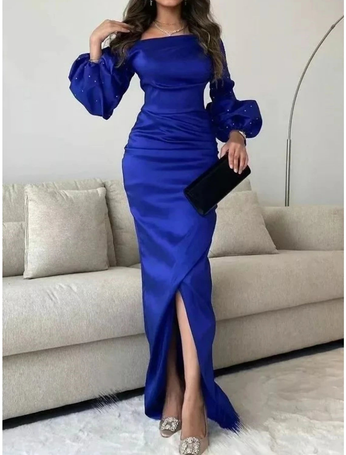 Meerjungfrau/Trompete Abendkleid Elegantes Kleid Formale Bodenlange Langarm Quadratischer Hals Satin mit gerüschtem Paillettenschlitz