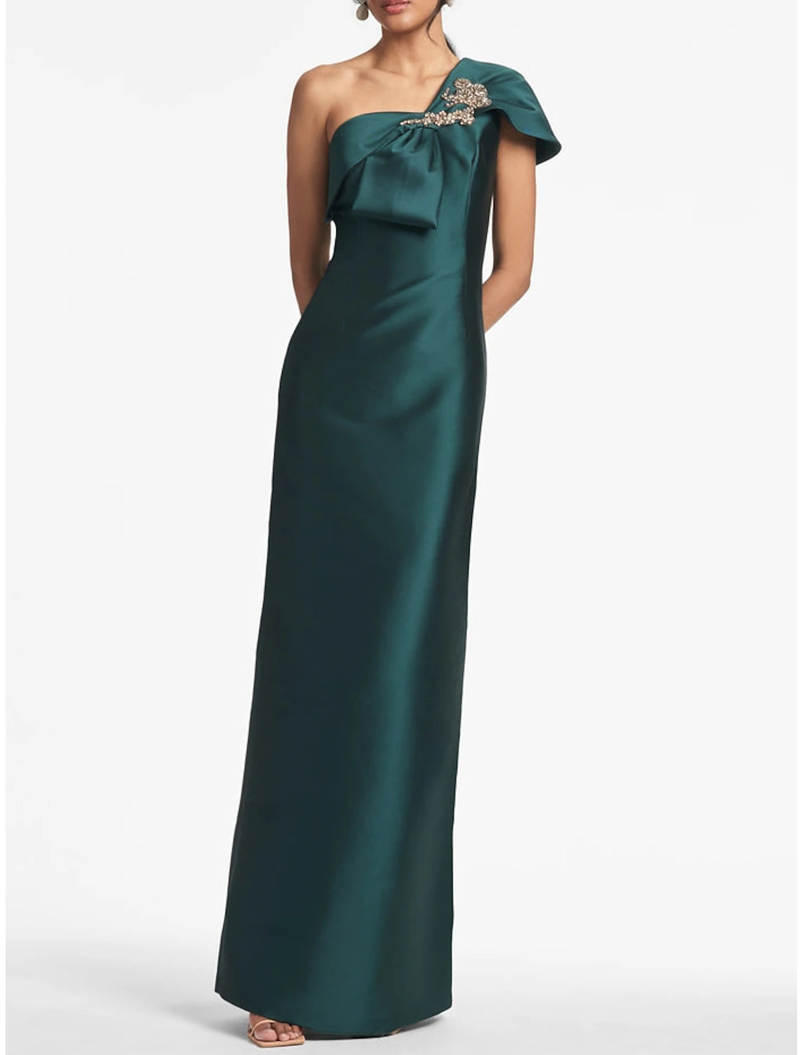 Etuikleid/Säulenkleid Abendkleid Elegantes Kleid Formal Bodenlang Weihnachten Rot Grün Kleid Kurzarm One Shoulder Satin mit Schleife(n) Schulter Blume