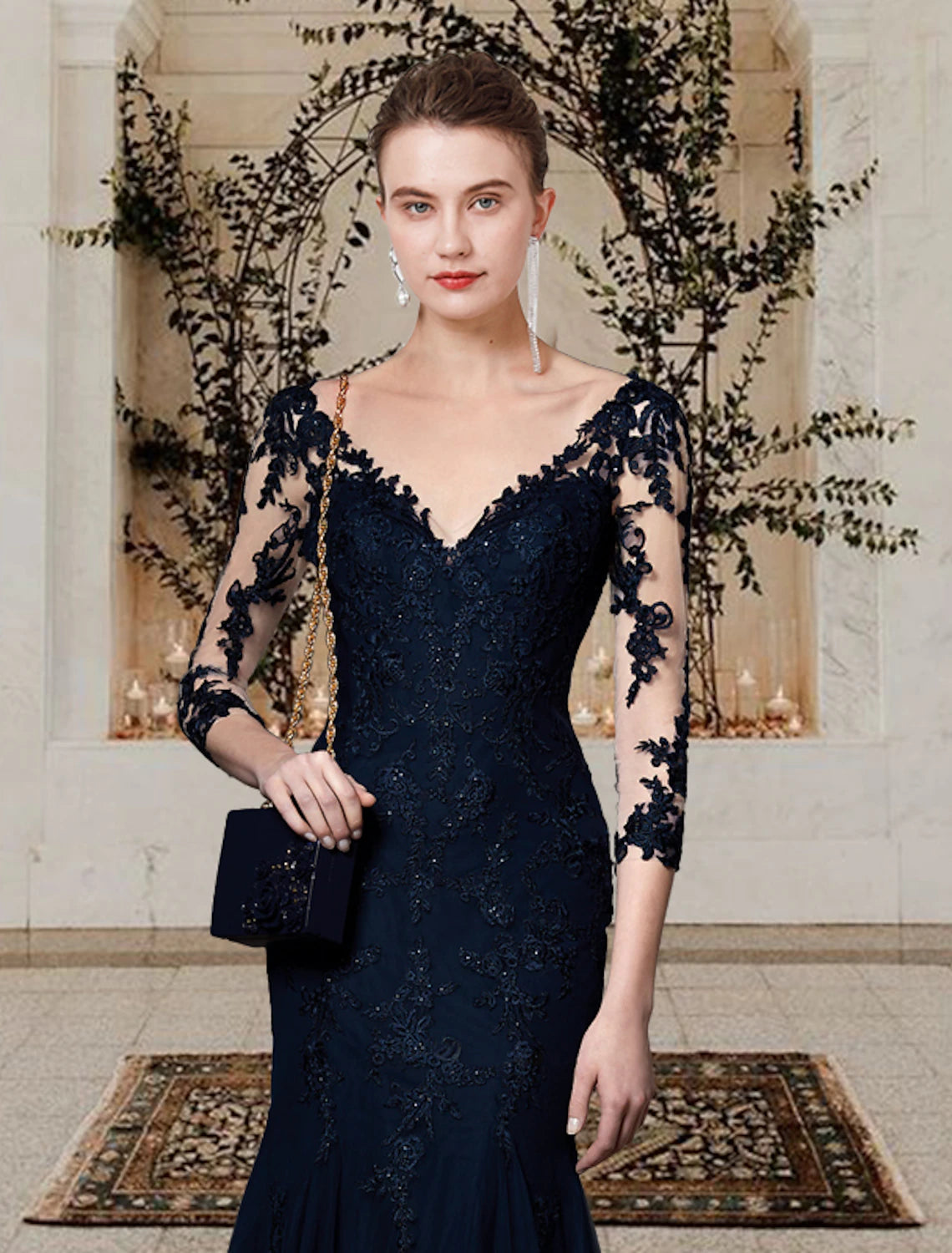 Meerjungfrau/Trompete Kleid für die Brautmutter, elegant, V-Ausschnitt, Schleppe, Spitze, Tüll, kurze Ärmel mit Applikationen