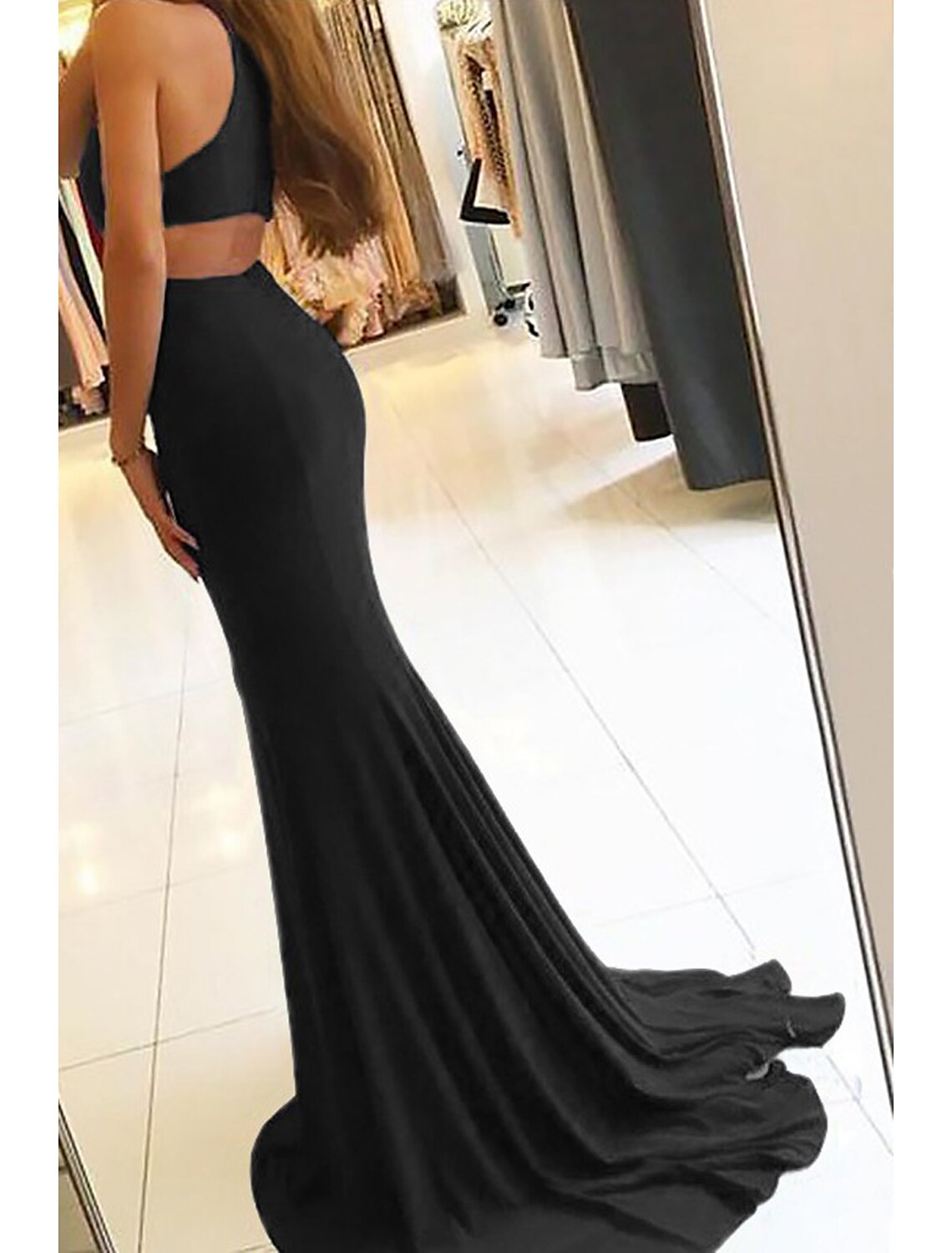 Robe de soirée sirène/trompette moulante, robe de bal formelle, traîne, sans manches, col haut, tissu extensible avec fente