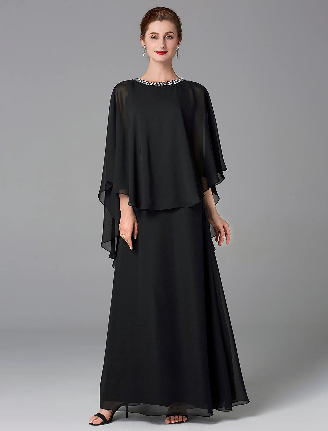 A-Line Mother of the Bride Dress Wedding Guest Elegant Plus Size Jewel Neck Floor Length Chiffon Sleeveless with Beading