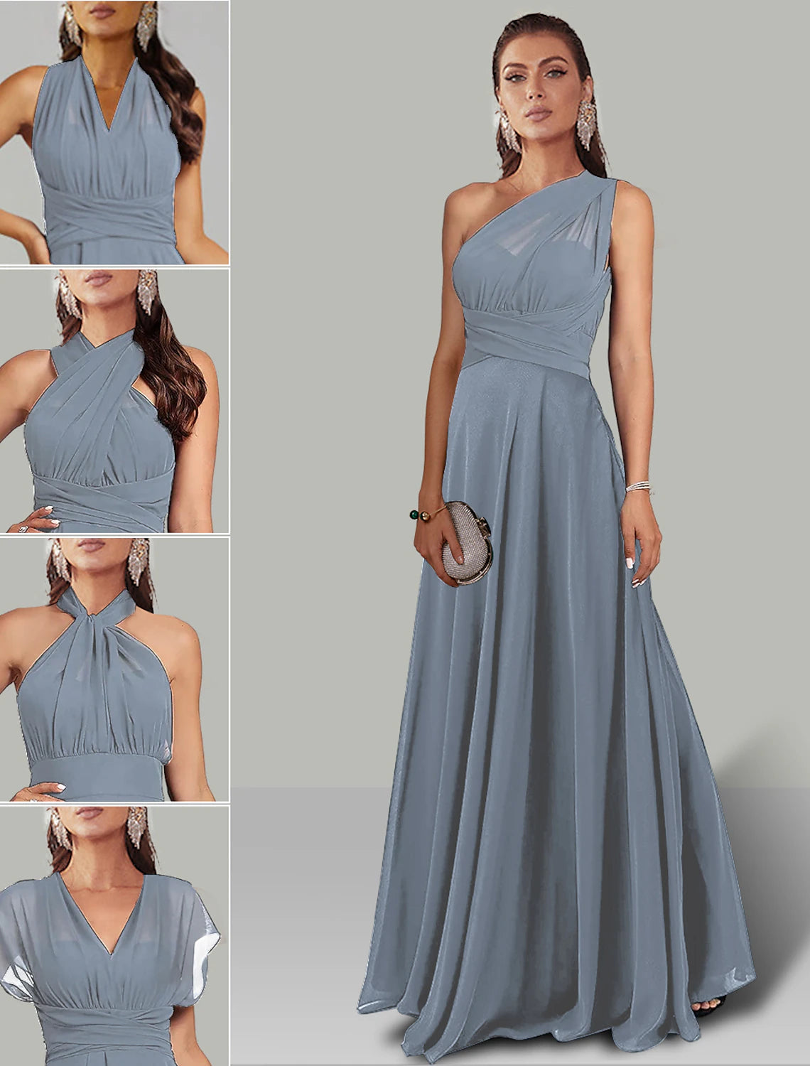 Robe de mariée trapèze, robe Infinity, robe de soirée, longueur au sol, manches courtes, col licou, convertible, en mousseline de soie avec fronces