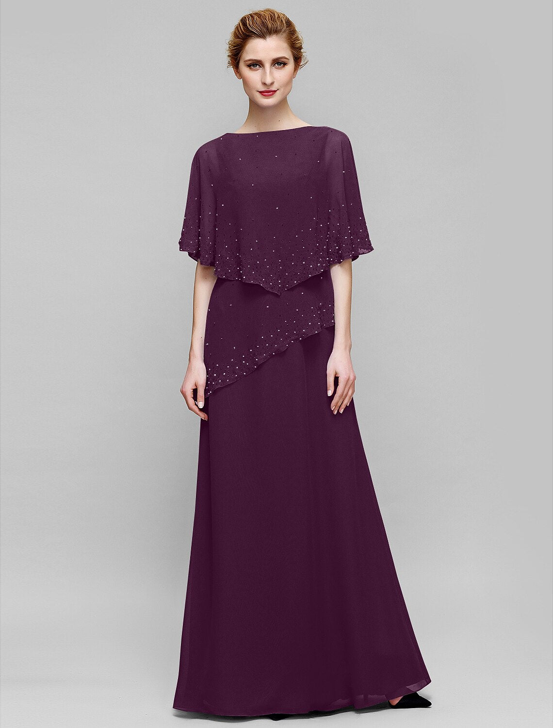Etuikleid/Säulenkleid für die Brautmutter, elegant, U-Boot-Ausschnitt, bodenlang, Chiffon, ärmellos, mit Perlenstickerei
