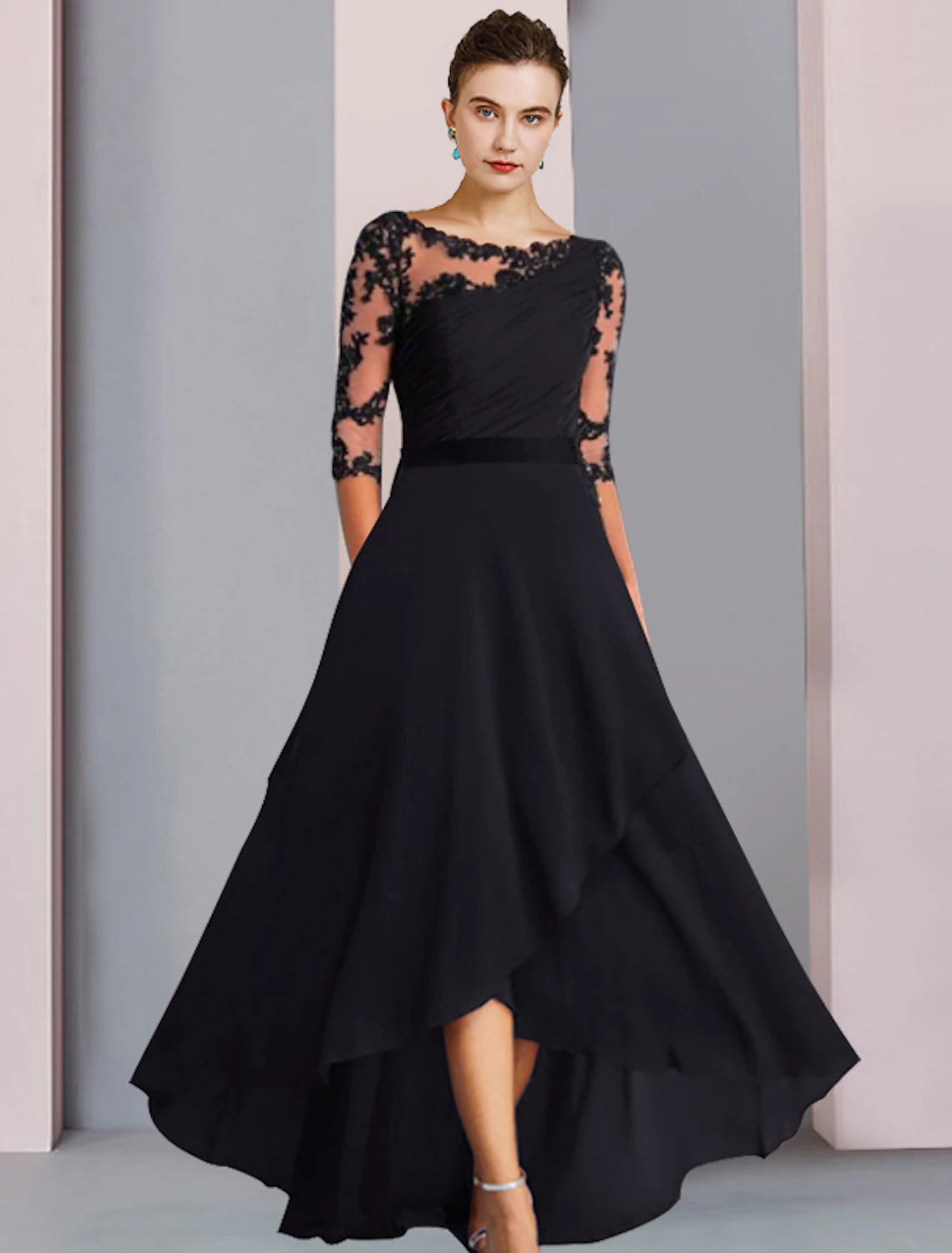 A-Linie Kleid für die Mutter der Braut, Hochzeitsgast, elegant, hoch, tief, U-Ausschnitt, asymmetrisch, knielang, Chiffon, Spitze, halbe Ärmel mit Applikationen, seitlich drapiert