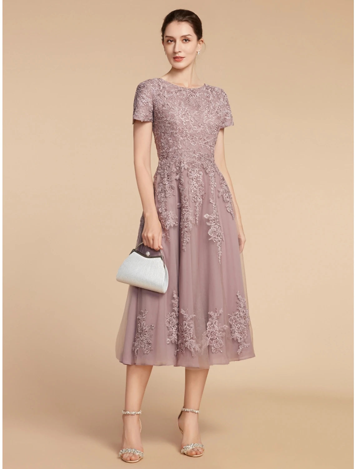 A-Linien-Kleid für die Mutter der Braut, Hochzeitsgast, elegant, zierlich, Rundhalsausschnitt, teelang, Spitze, Tüll, kurze Ärmel, mit Rüschen, Blume