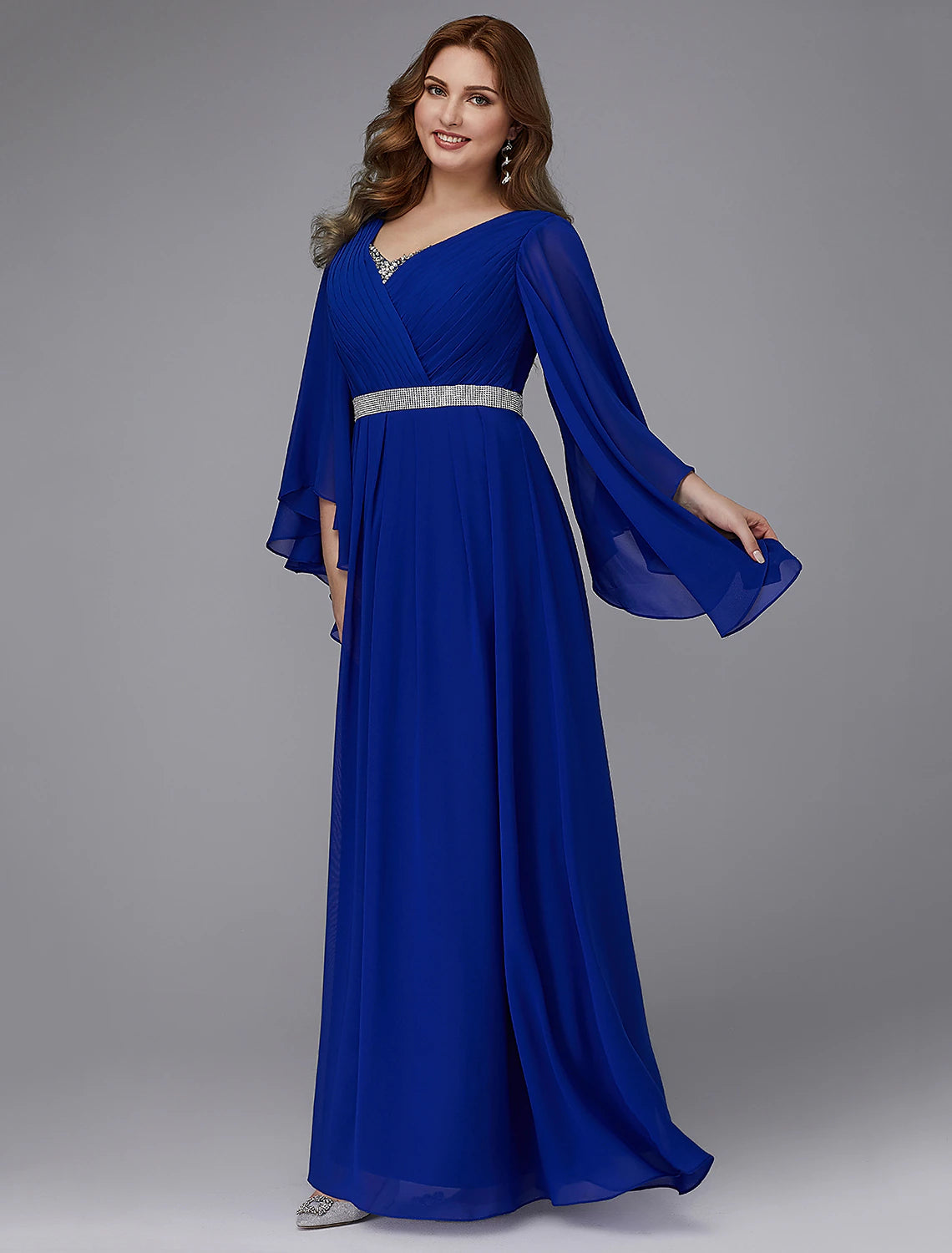 Robe trapèze grande taille pour invité de mariage, soirée formelle, longueur au sol, manches longues, col en V, mousseline, lacets avec cristaux et paillettes