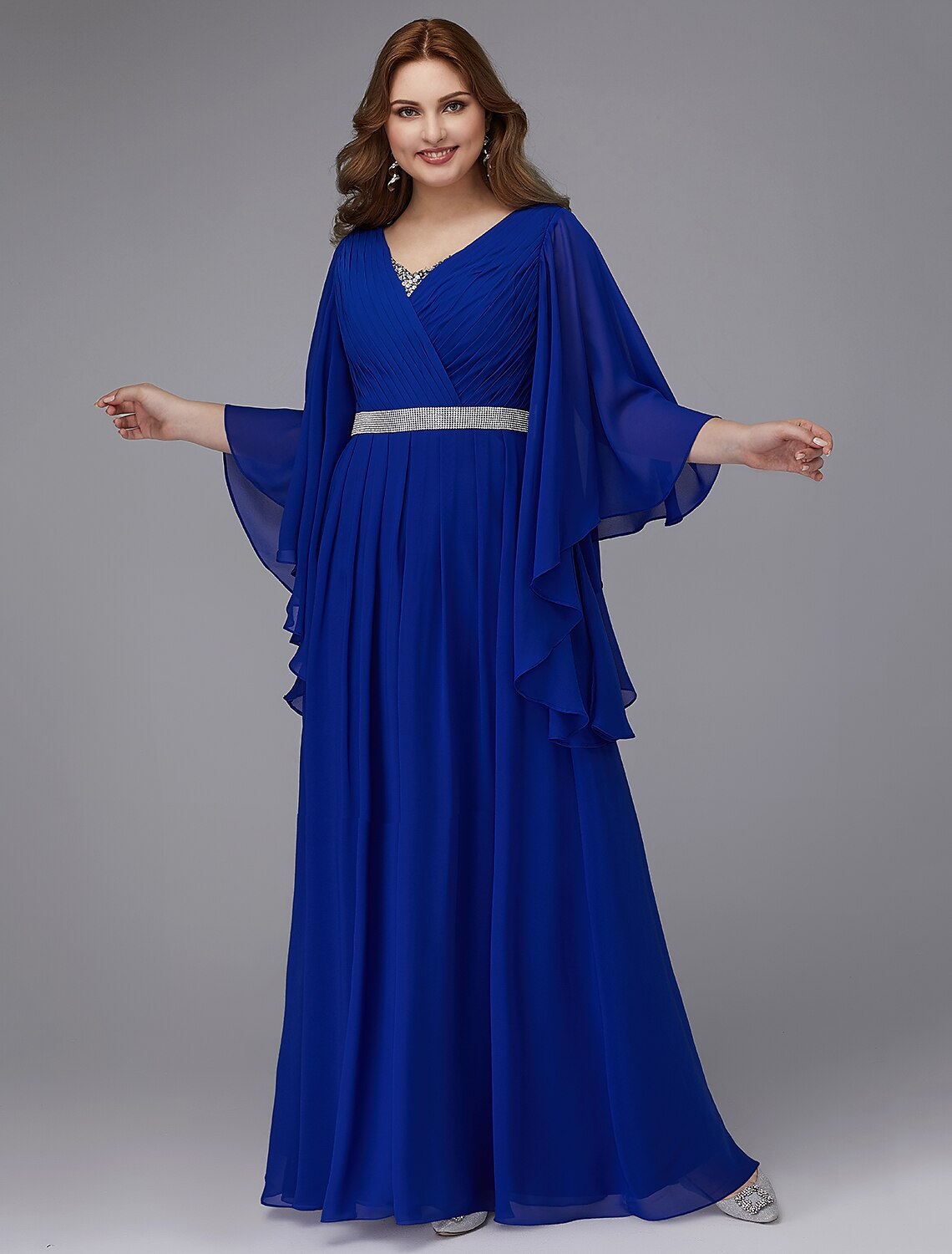 Robe trapèze grande taille pour invité de mariage, soirée formelle, longueur au sol, manches longues, col en V, mousseline, lacets avec cristaux et paillettes
