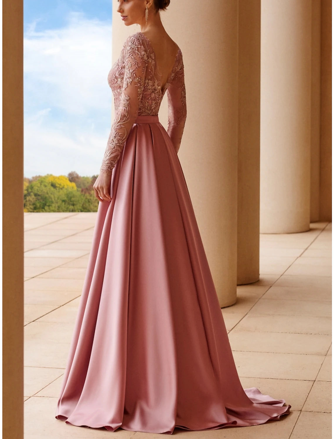 A-Linie Kleid für die Brautmutter, Hochzeitsgast, elegant, U-Ausschnitt, Schleppe/Pinselschleppe, Stretch-Satin, lange Ärmel mit Spitzenschärpe/Band, Rüschen