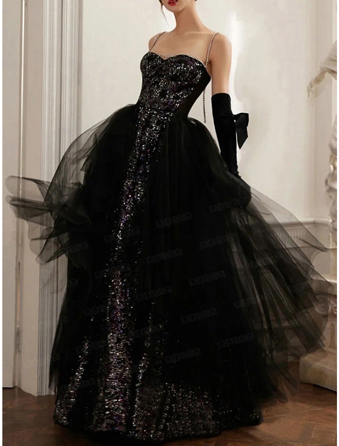 A-Linien-Abendkleid, schwarzes Kleid, Glitzer- und Glanzkleid, Abschlussball-Fotoshooting, bodenlang, ärmellos, trägerlos, mit Pailletten