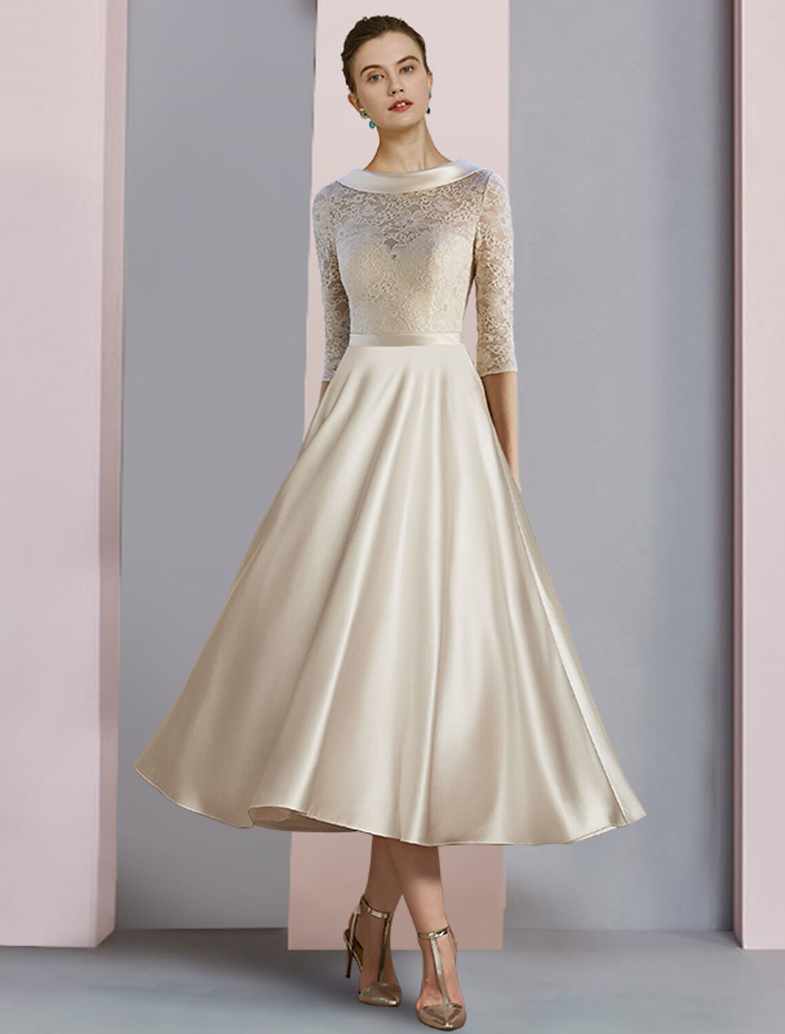 Etuikleid/Säulenkleid für die Brautmutter, Hochzeitsgast, Party, elegant, U-Ausschnitt, bodenlang, Satin, Spitze, halbe Ärmel, mit Schleife(n), Falten