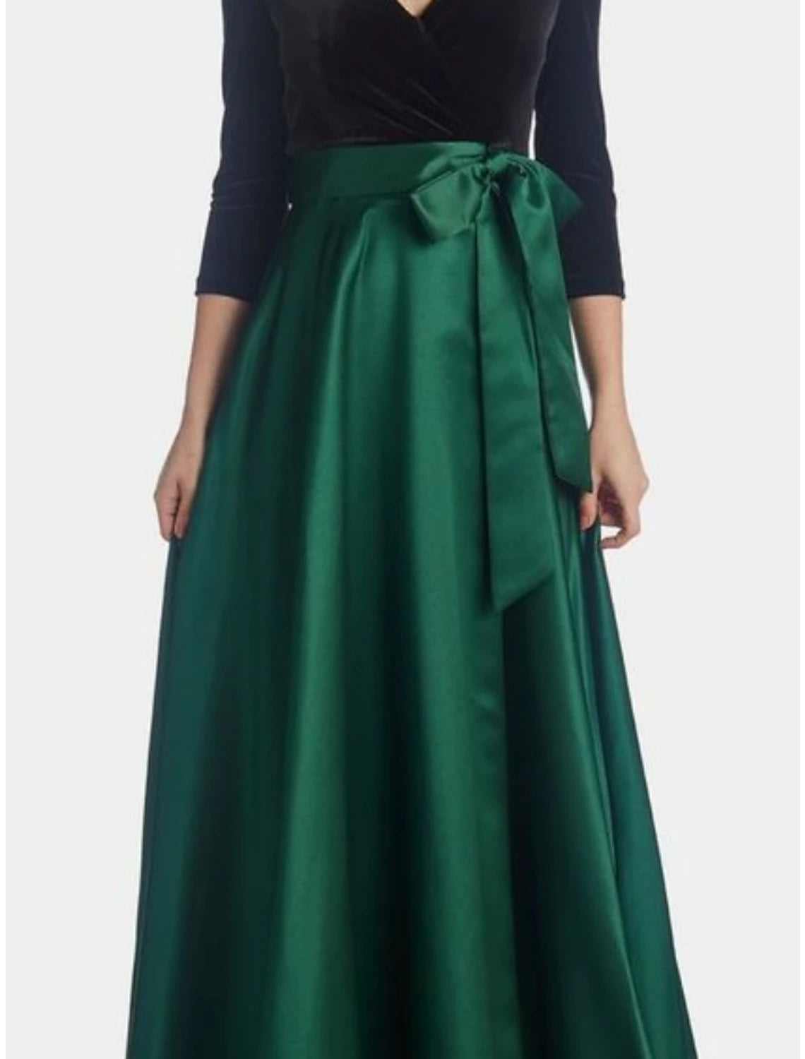 A-Linie Kleid für die Mutter der Braut, Hochzeitsgast, elegant, V-Ausschnitt, bodenlang, Satin-Samt, 3/4-Ärmel, mit Schleife(n), Rüschen