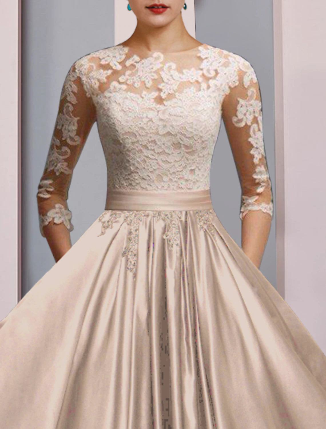 A-Linien-Kleid für die Mutter der Braut, formelle Hochzeit, Gast, elegante Party, U-Ausschnitt, knöchellang, Satinspitze, 3/4-Ärmel mit Faltenapplikationen