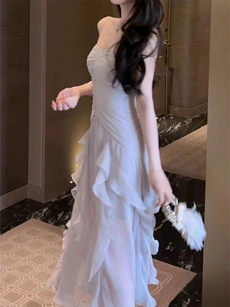 Trägerloses A-Linien-Abendkleid mit Lotusblatt-Kante