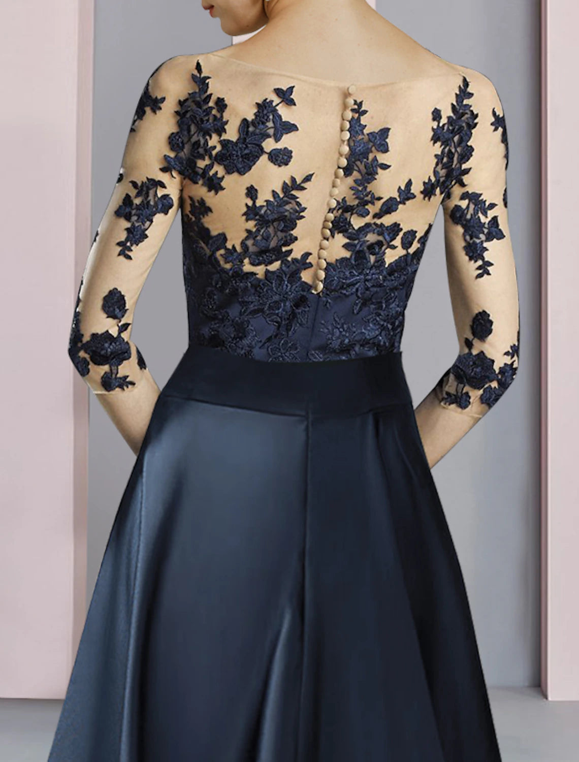 Etuikleid/Säulenkleid für die Brautmutter, Herbst, Hochzeitsgast, Party, elegant, Rundhalsausschnitt, knöchellang, Satin, Spitze, halbe Ärmel, mit Schleife(n), Falten