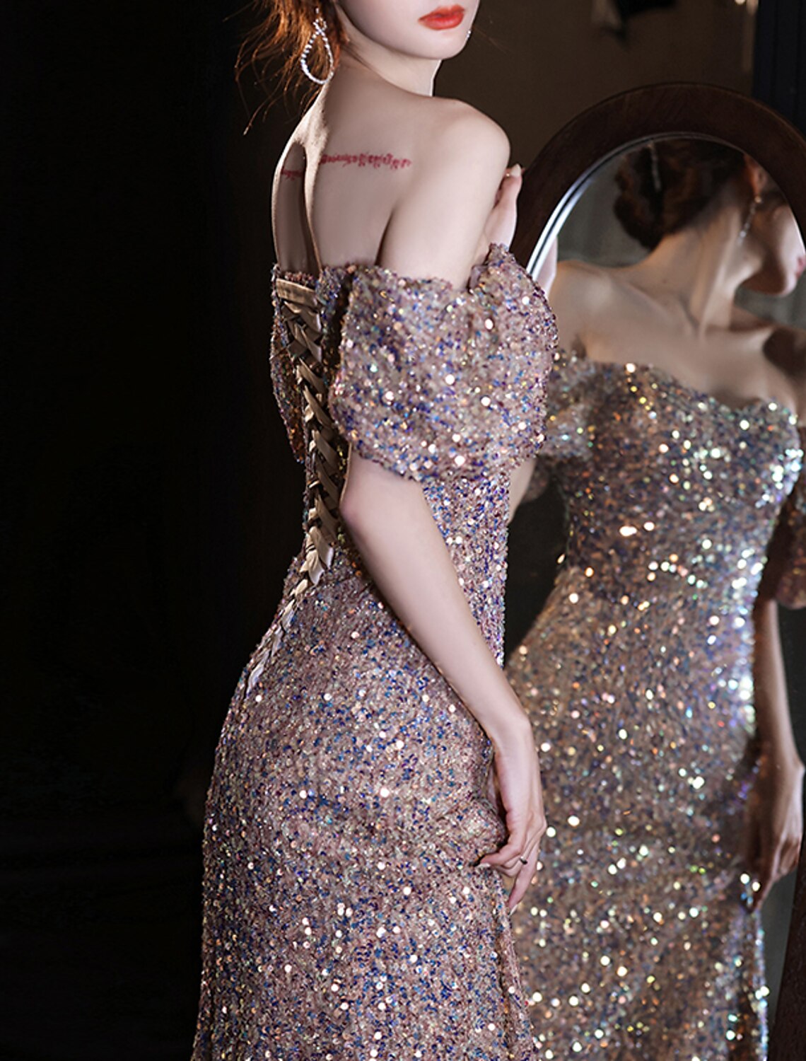Meerjungfrau/Trompete Ballkleider Elegantes Kleid Hochzeitsgast Ball Bodenlang Kurzarm Herzausschnitt Spitze mit Pailletten