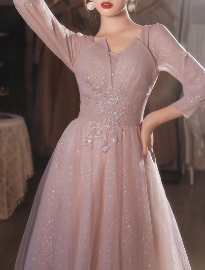 A-Line Beautiful Back Elegant Prom Formal Evening Dress V Neck V Back 3/4 Length Sleeve Floor Length Lace with Appliques