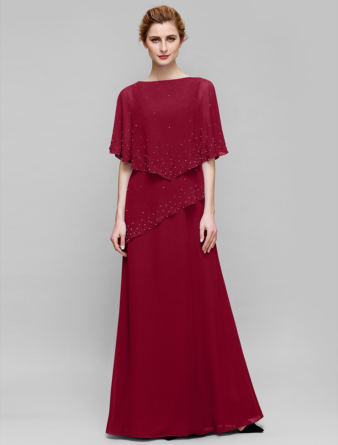Etuikleid/Säulenkleid für die Brautmutter, elegant, U-Boot-Ausschnitt, bodenlang, Chiffon, ärmellos, mit Perlenstickerei