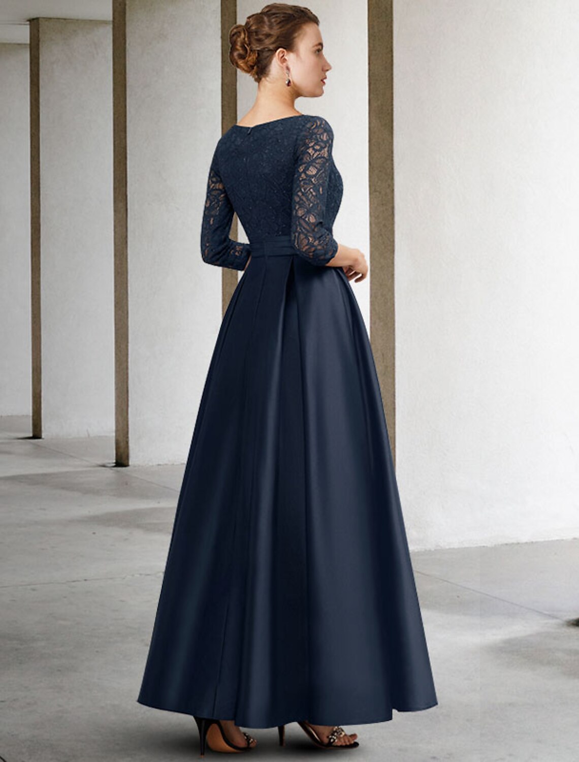 A-Linien-Kleid für die Brautmutter, Übergröße, elegant, V-Ausschnitt, knöchellang, Satin, Spitze, 3/4-Ärmel, nein, mit Falten, gerüscht