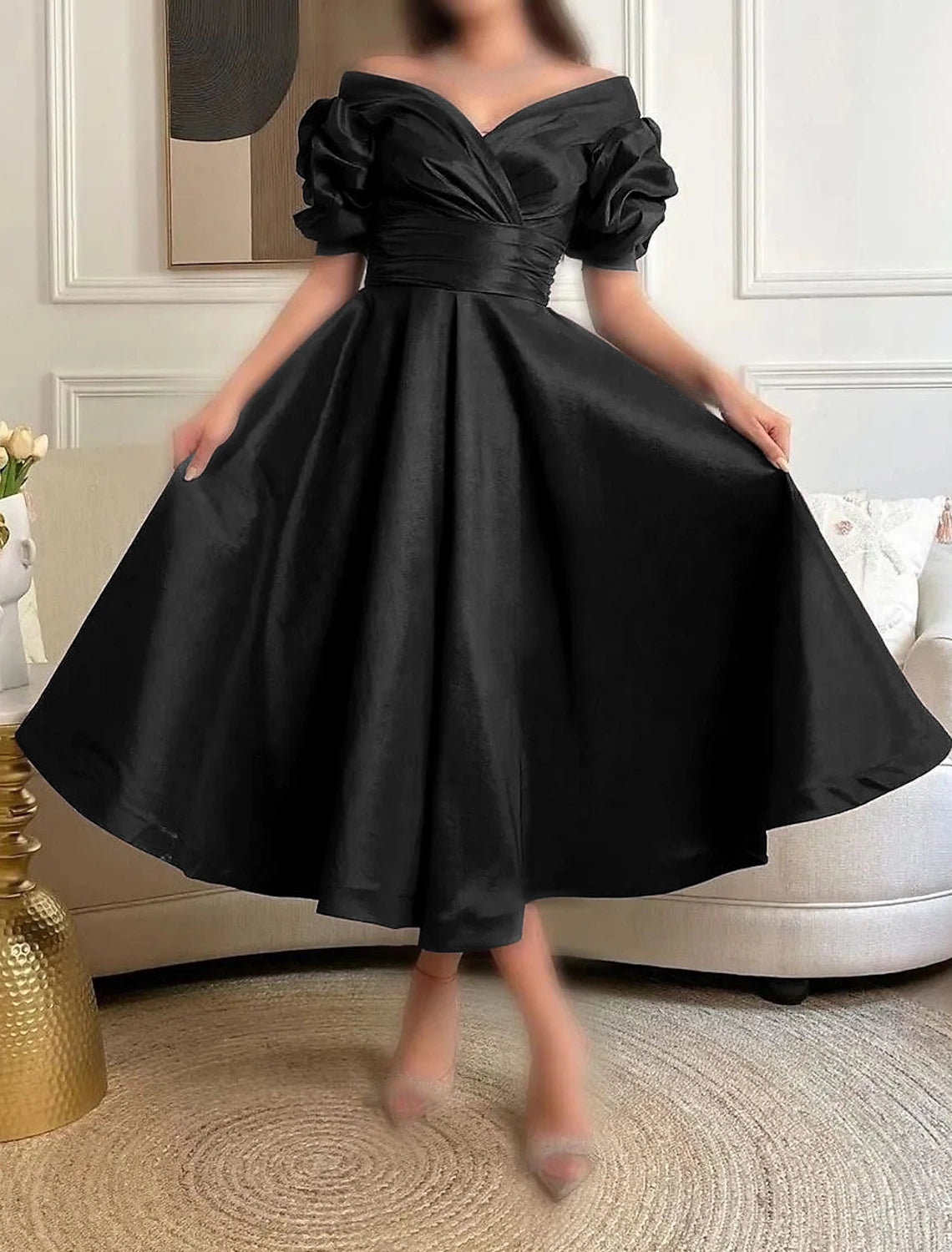 A-Line Cocktail Dresses Elegant Dress Formal Prom Tea Length Short Sleeve Sweetheart Satin with Ruched