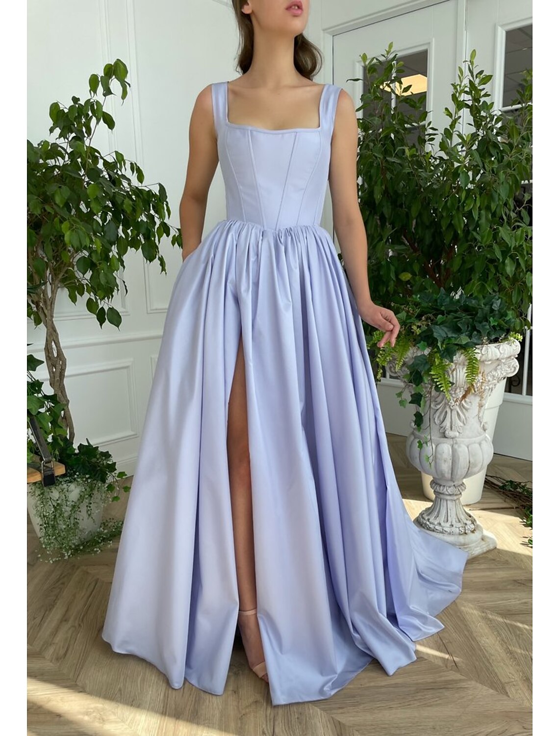 A-Line Minimalist Elegant High Split Engagement Prom Dress Square Neck Sleeveless Sweep / Brush Train Satin with Slit Pure Color