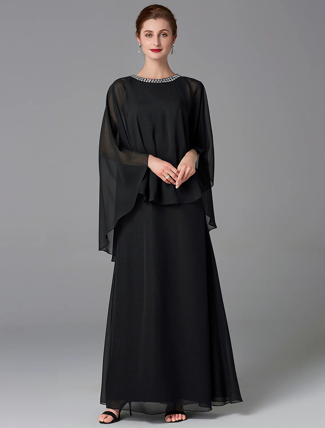 A-Line Mother of the Bride Dress Wedding Guest Elegant Plus Size Jewel Neck Floor Length Chiffon Sleeveless with Beading