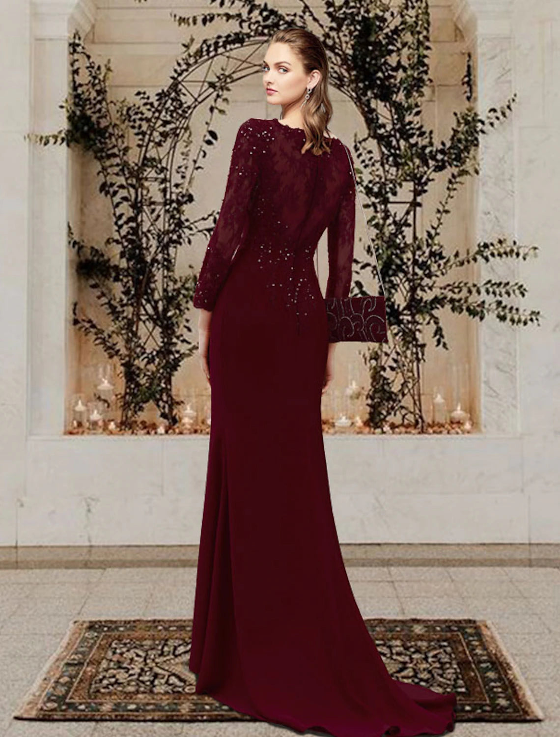 Meerjungfrau/Trompete Kleid für die Brautmutter, elegant, Rundhalsausschnitt, Schleppe, Chiffon, Spitze, Tüll, lange Ärmel mit Applikationen