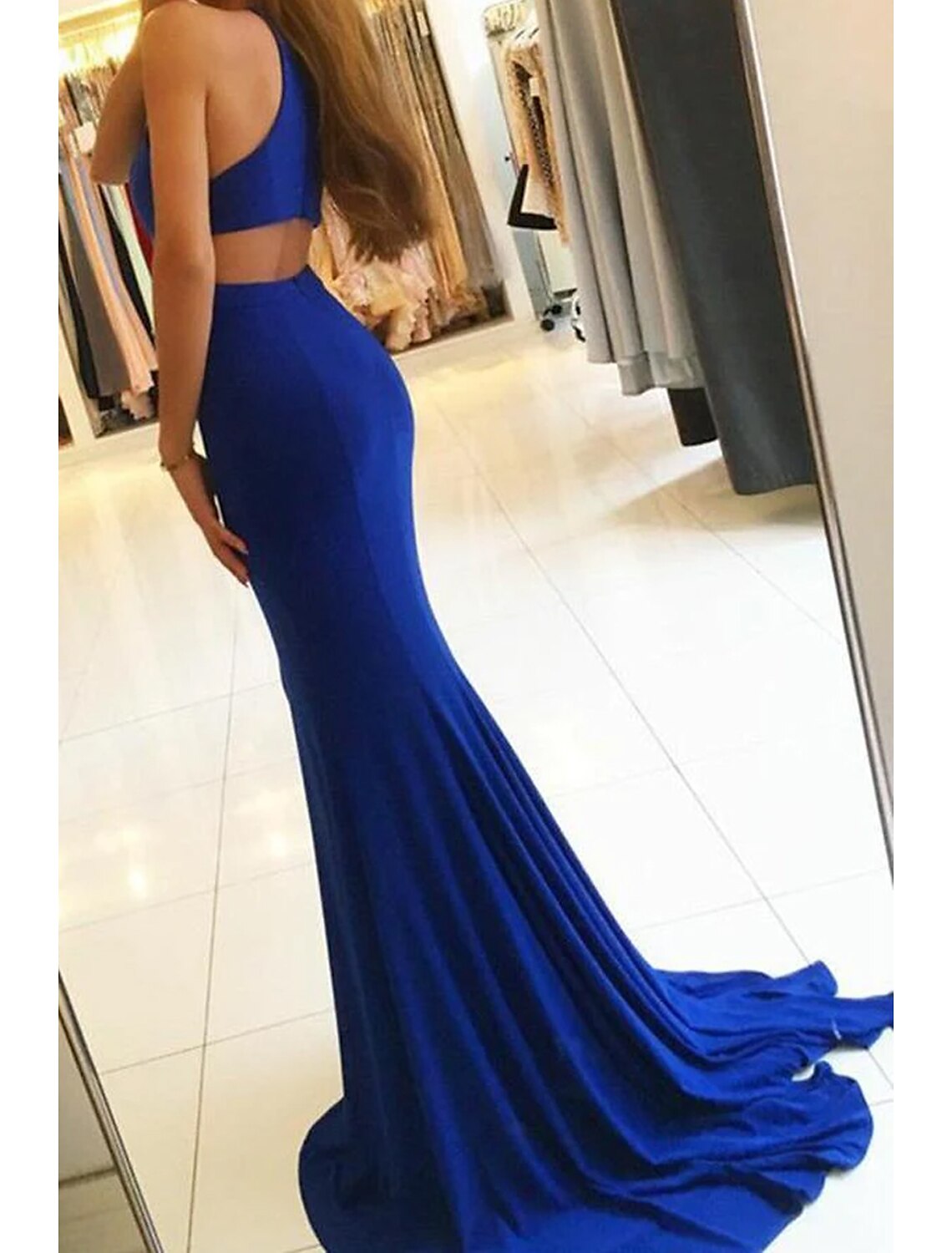 Robe de soirée sirène/trompette moulante, robe de bal formelle, traîne, sans manches, col haut, tissu extensible avec fente