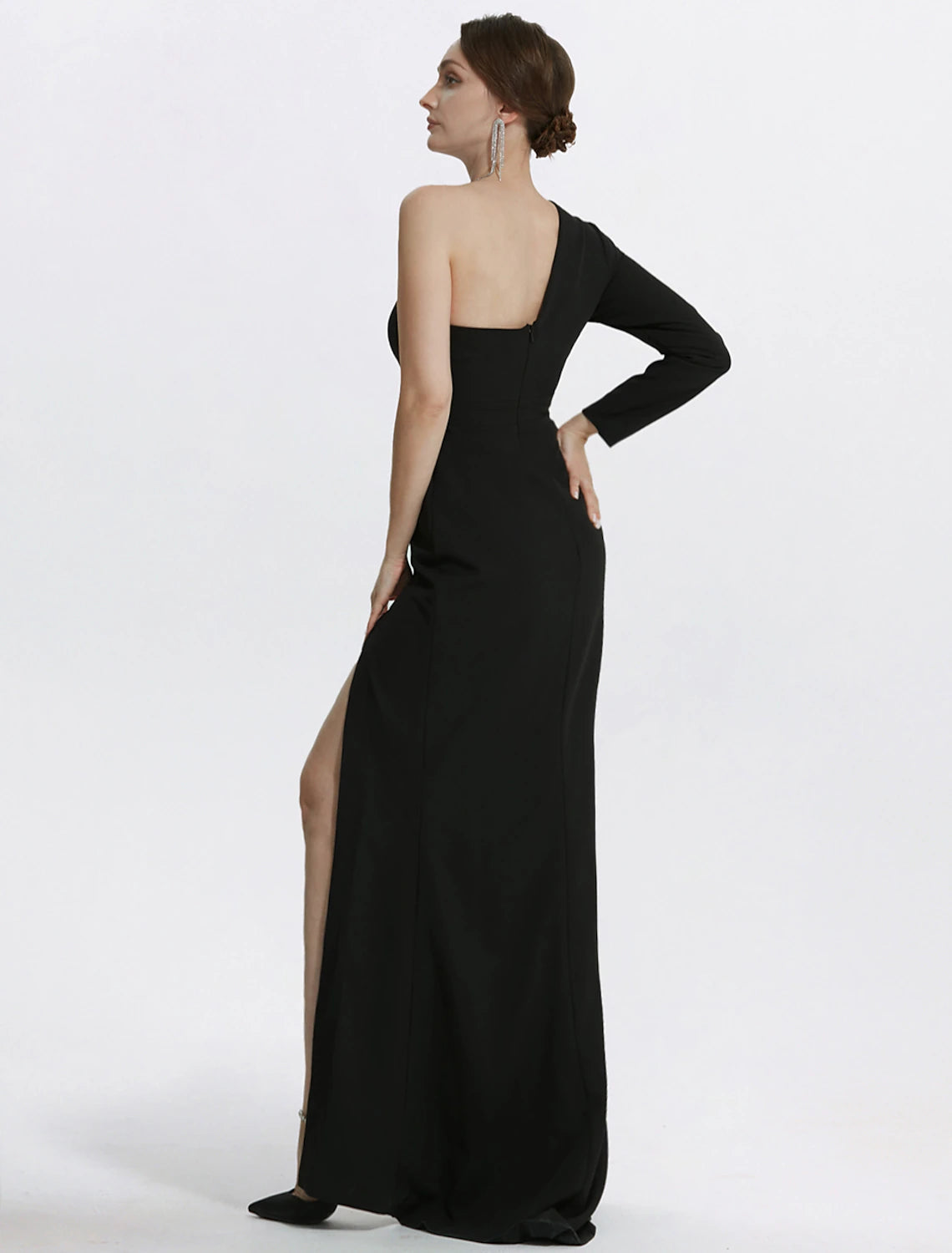 Meerjungfrau-Abendkleid, elegantes schwarzes Kleid, Hochzeitsgast, Abschlussball, bodenlang, lange Ärmel, eine Schulter, Stretchstoff mit Schlitz