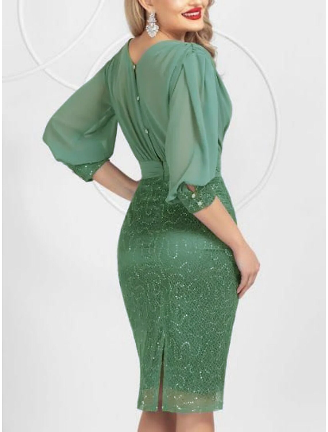 Etuikleid/Säulenkleid für die Mutter der Braut, Hochzeitsgast, elegante Party, V-Ausschnitt, knielang, Chiffon, Spitze, halbe Ärmel mit Pailletten, Schlitz vorne, Kristallbrosche