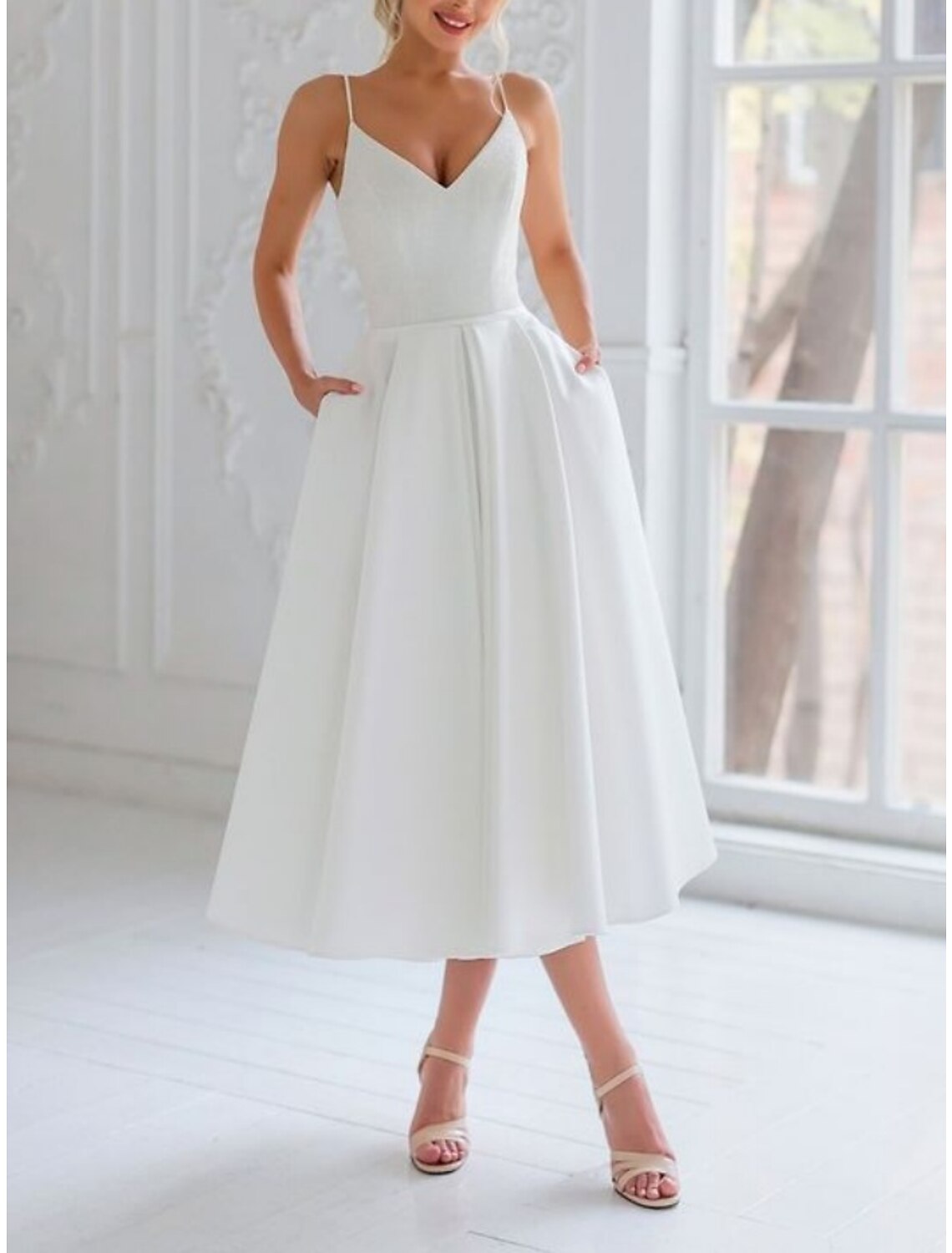 Einfache Brautkleider Brautkleider Zweiteiler Schulterfrei Kurzarm Sweep/Pinselzug Satin Brautanzüge Brautkleider Mit Rüschen