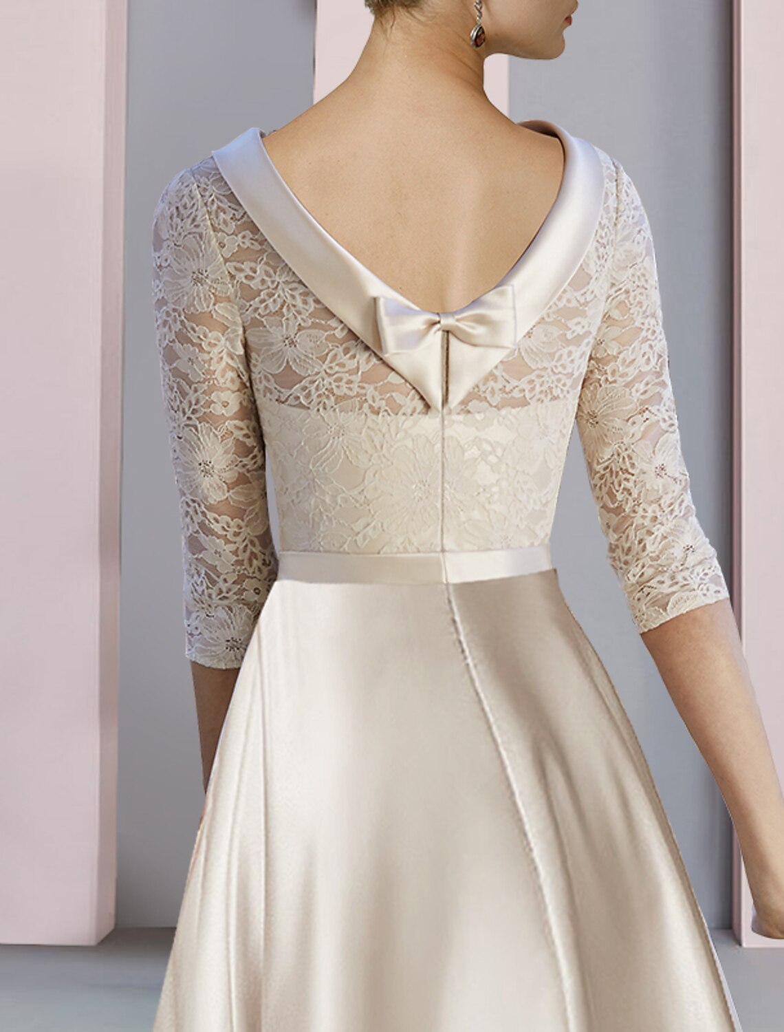 Etuikleid/Säulenkleid für die Brautmutter, Hochzeitsgast, Party, elegant, U-Ausschnitt, bodenlang, Satin, Spitze, halbe Ärmel, mit Schleife(n), Falten