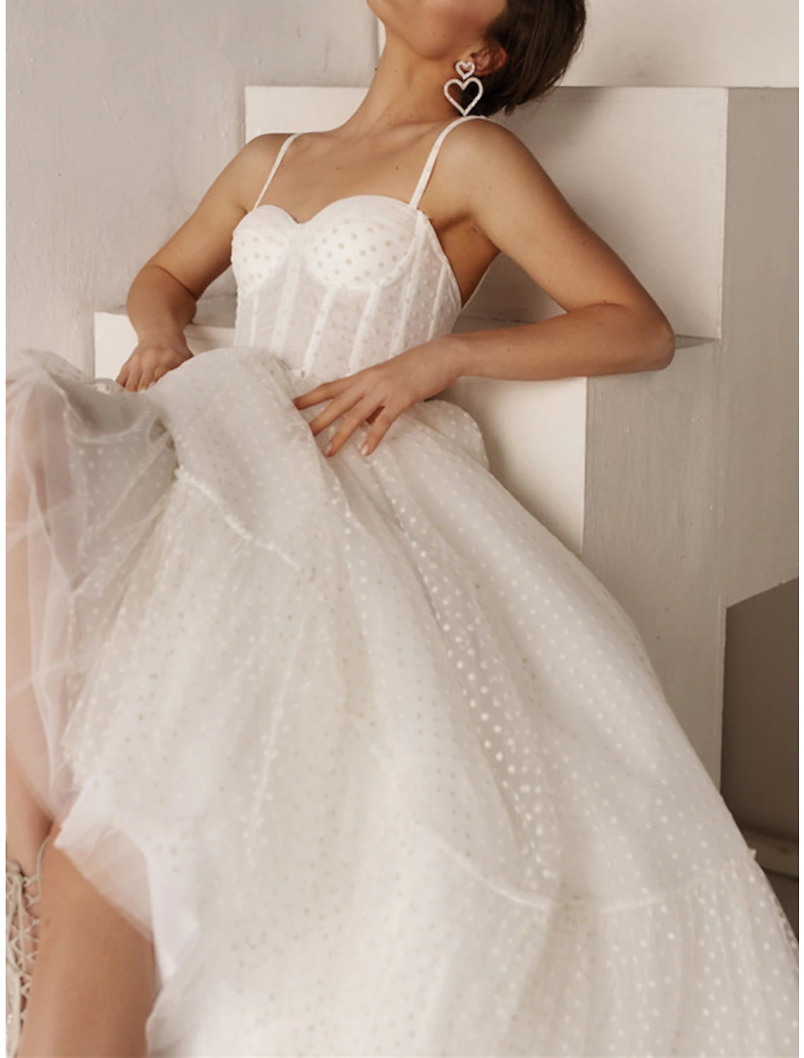 Empfang Kleine weiße Kleider Brautkleider A-Linie Herzausschnitt Camisole Spaghettiträger Knöchellang Tüll Brautkleider mit Schleife(n)