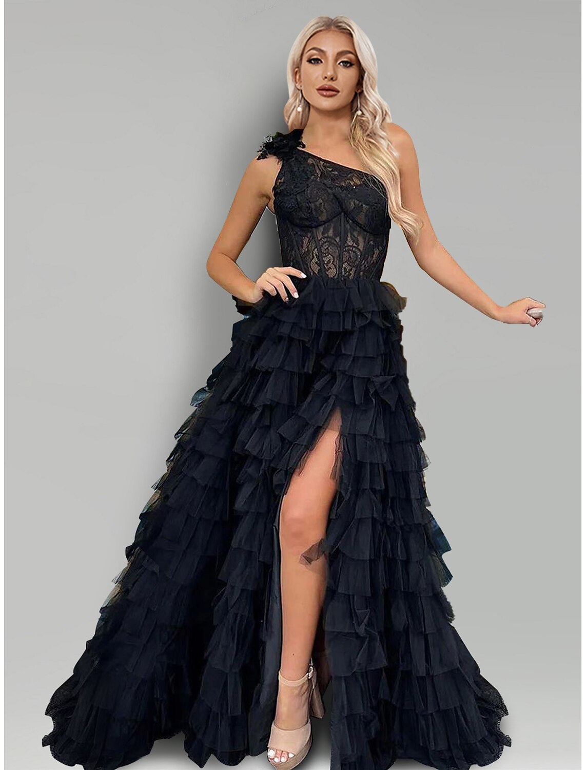 Robe de soirée trapèze à fleurs, robe de soirée de mariage, semi-formelle, traîne à balayage/pinceau, sans manches, une épaule, dentelle avec applications fendues